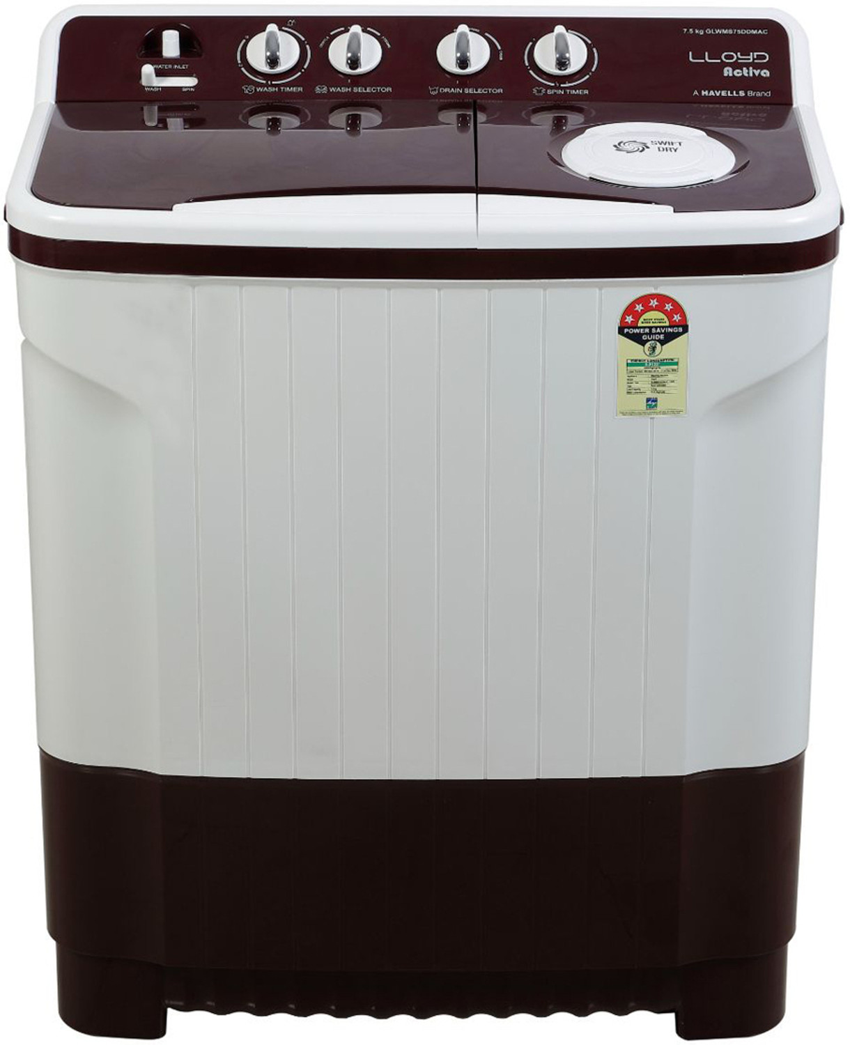 Image of Lloyd by Havells 7.5 kg |1300 RPM|Soak Function|3 Wash Programs|Swift Dry|Magic Filter, Semi Automatic Top Load Washing Machine Maroon, White