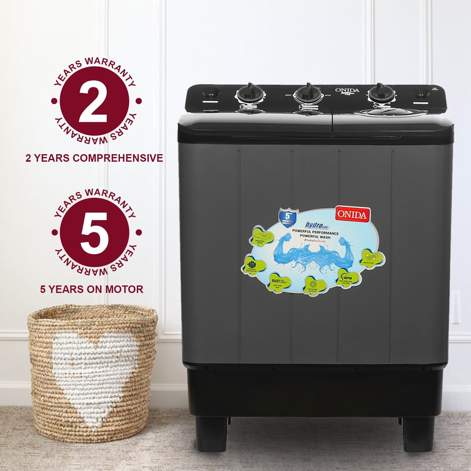 Image of ONIDA 7 kg 5 Star With Five-Fin Storm Pulsator Semi Automatic Top Load Washing Machine Black, Grey