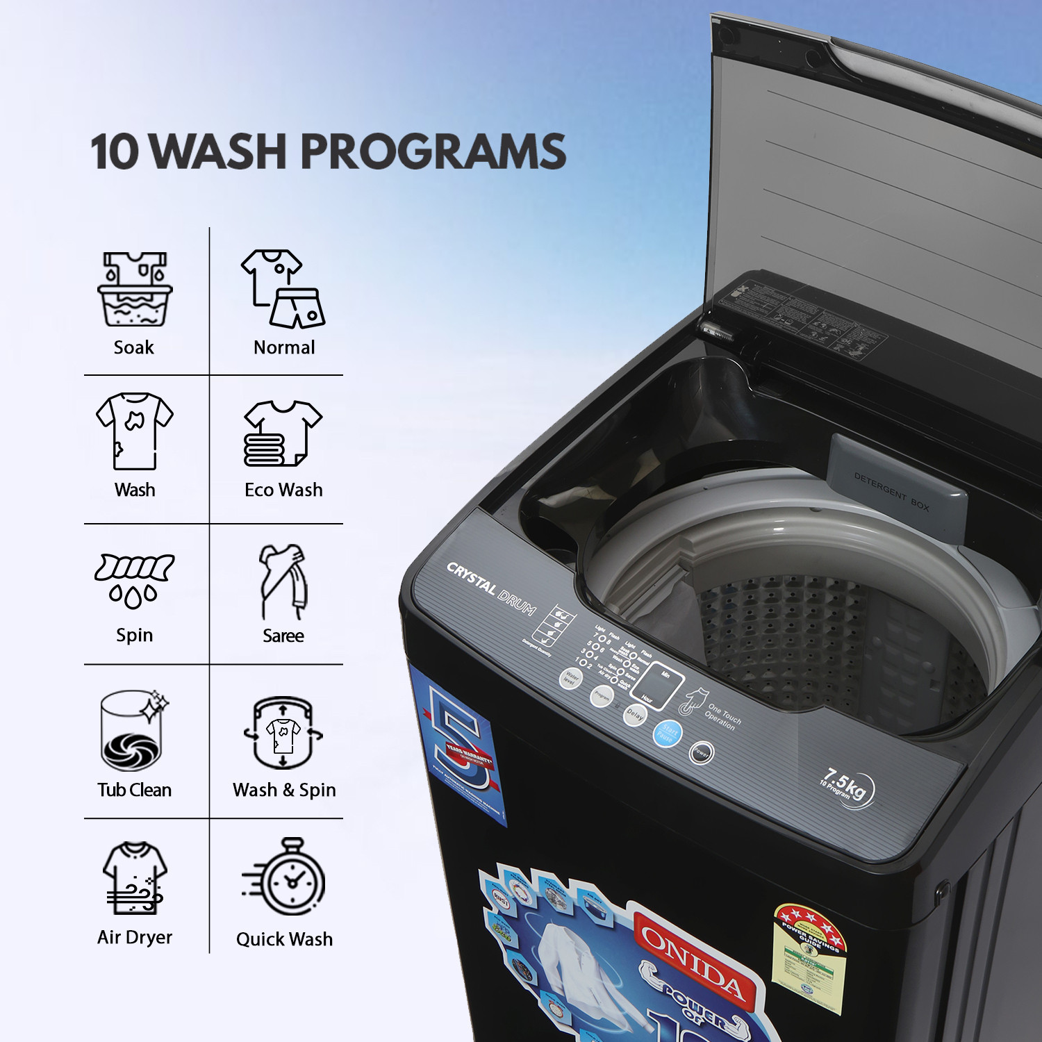 Image of ONIDA 7.5 kg 5 Star Dual Action Pulsator Quadra Scrub Fully Automatic Top Load Washing Machine Black