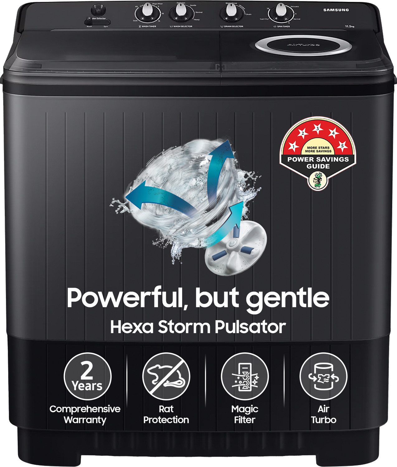 SAMSUNG 11.5 kg Semi Automatic Top Load Washing Machine Black, Grey