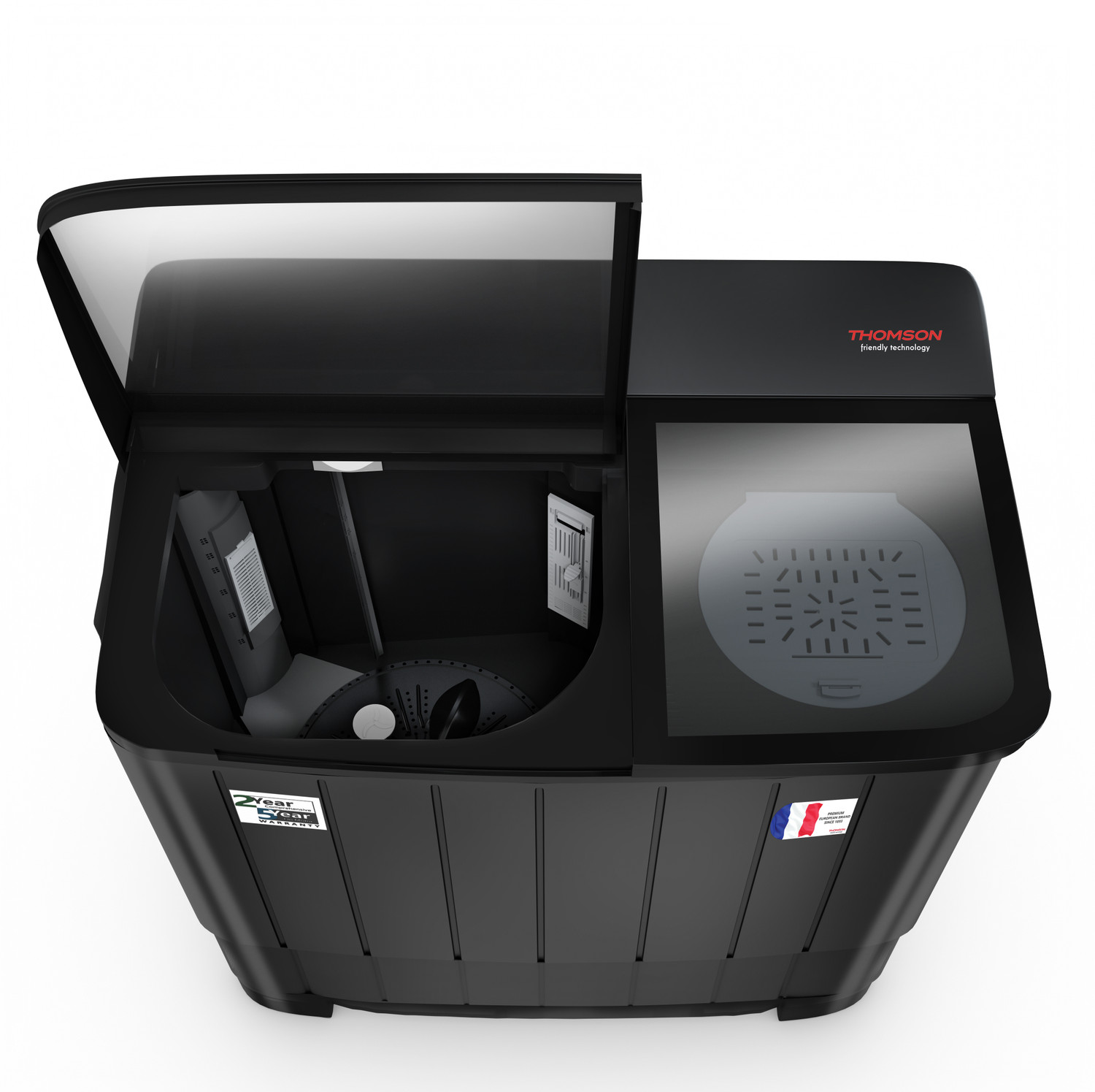 Image of Thomson 12 kg 5 Star Aqua Magic Toughen Glass with soft closure, Double Waterfall, Detergent Box,� Water Level Selector, 3D Rollers Technology, Collar Scrubber, Turbo Dry Technology, Semi Automatic Top Load Washing Machine Black