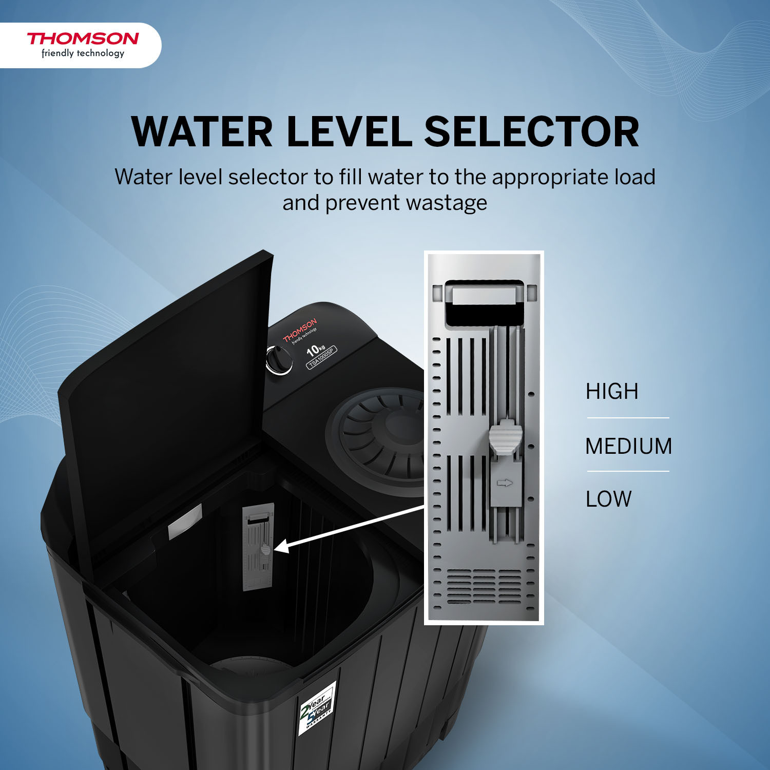 Image of Thomson 10 kg 5 Star Aqua Magic with Double Waterfall, Detergent Box, 3D Rollers Technology, Magic Filter, Collar Scrubber, Turbo Dry Technology, Semi Automatic Top Load Washing Machine Black