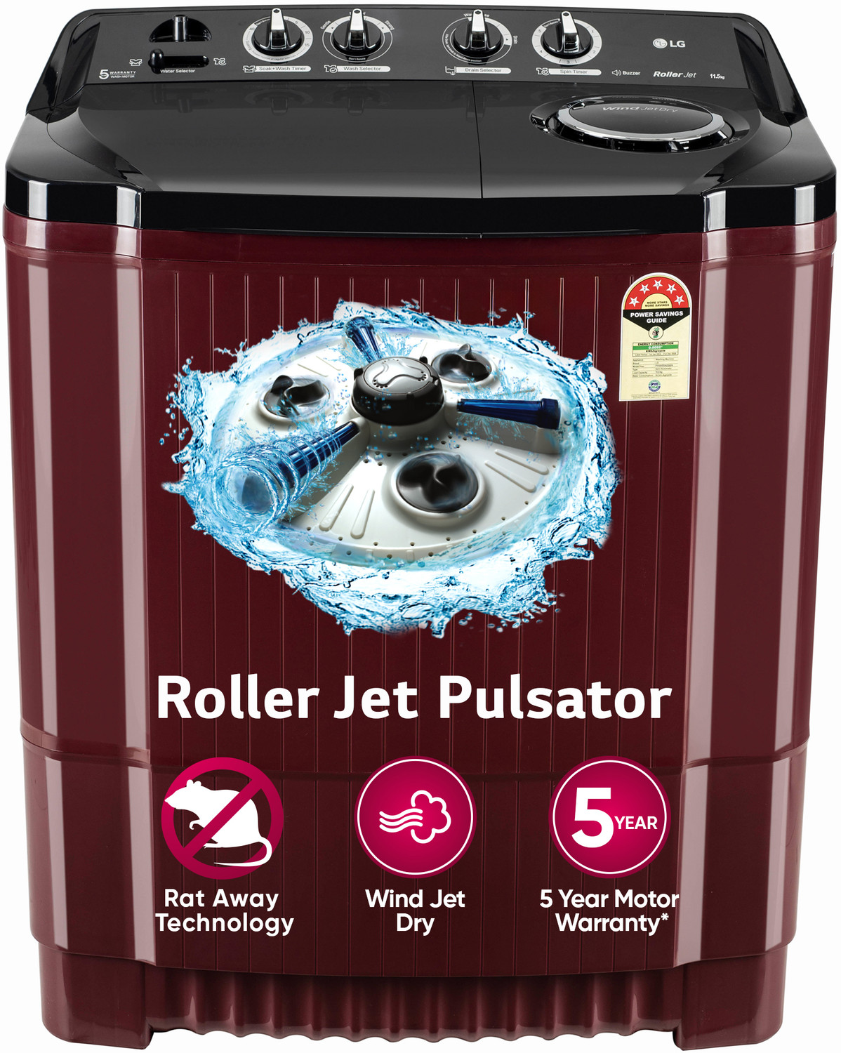LG 11.5 kg Semi Automatic Top Load Washing Machine Maroon