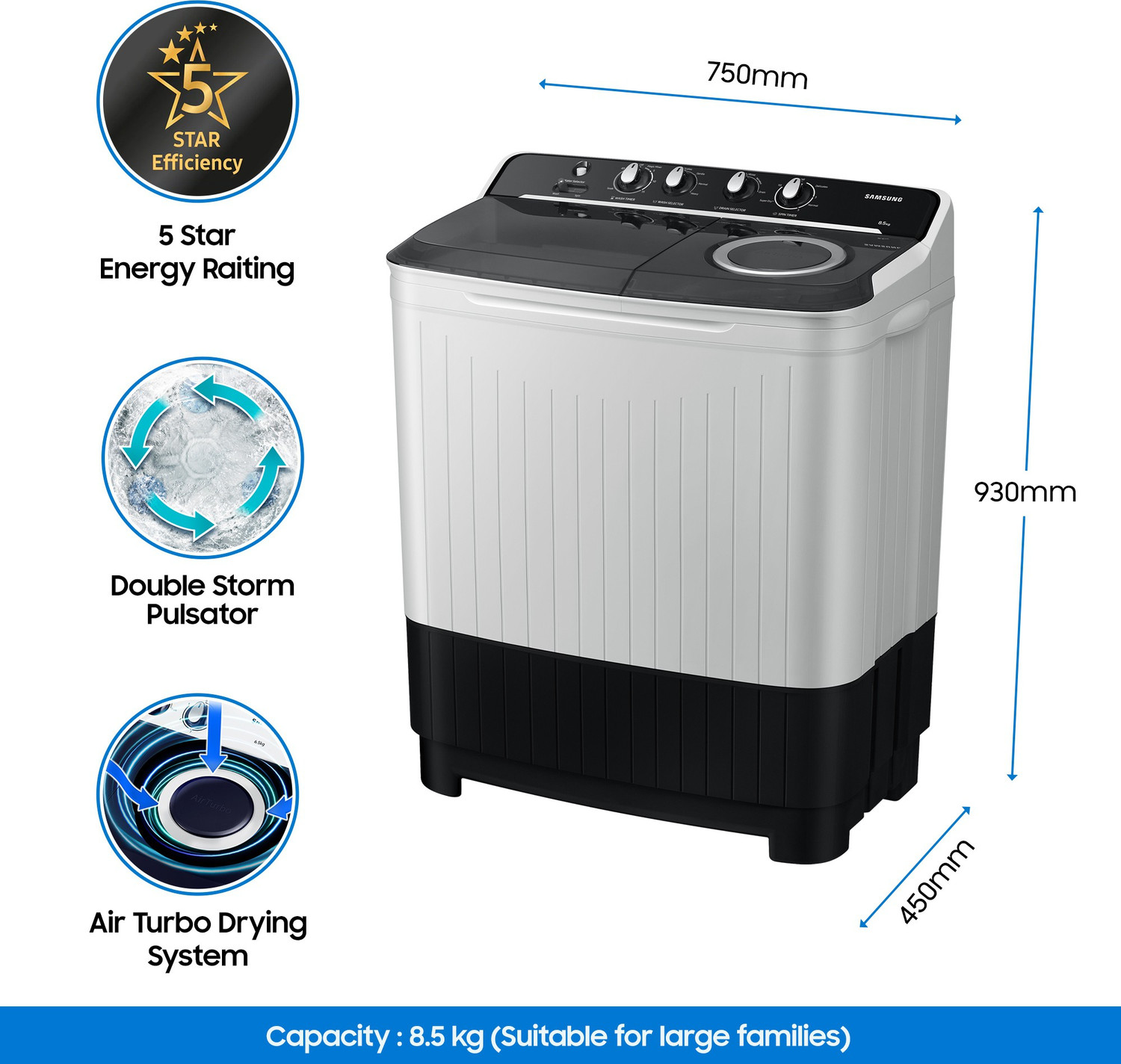 Image of Samsung 8.5 kg 5 star, Air Turbo Drying Semi Automatic Top Load Washing Machine Black, Grey