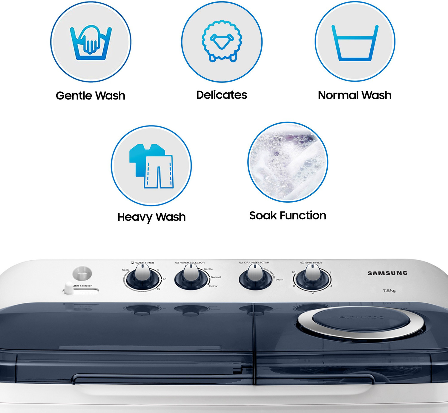 Image of Samsung 7.5 kg 5 star, Air Turbo Drying Semi Automatic Top Load Washing Machine Blue, Grey