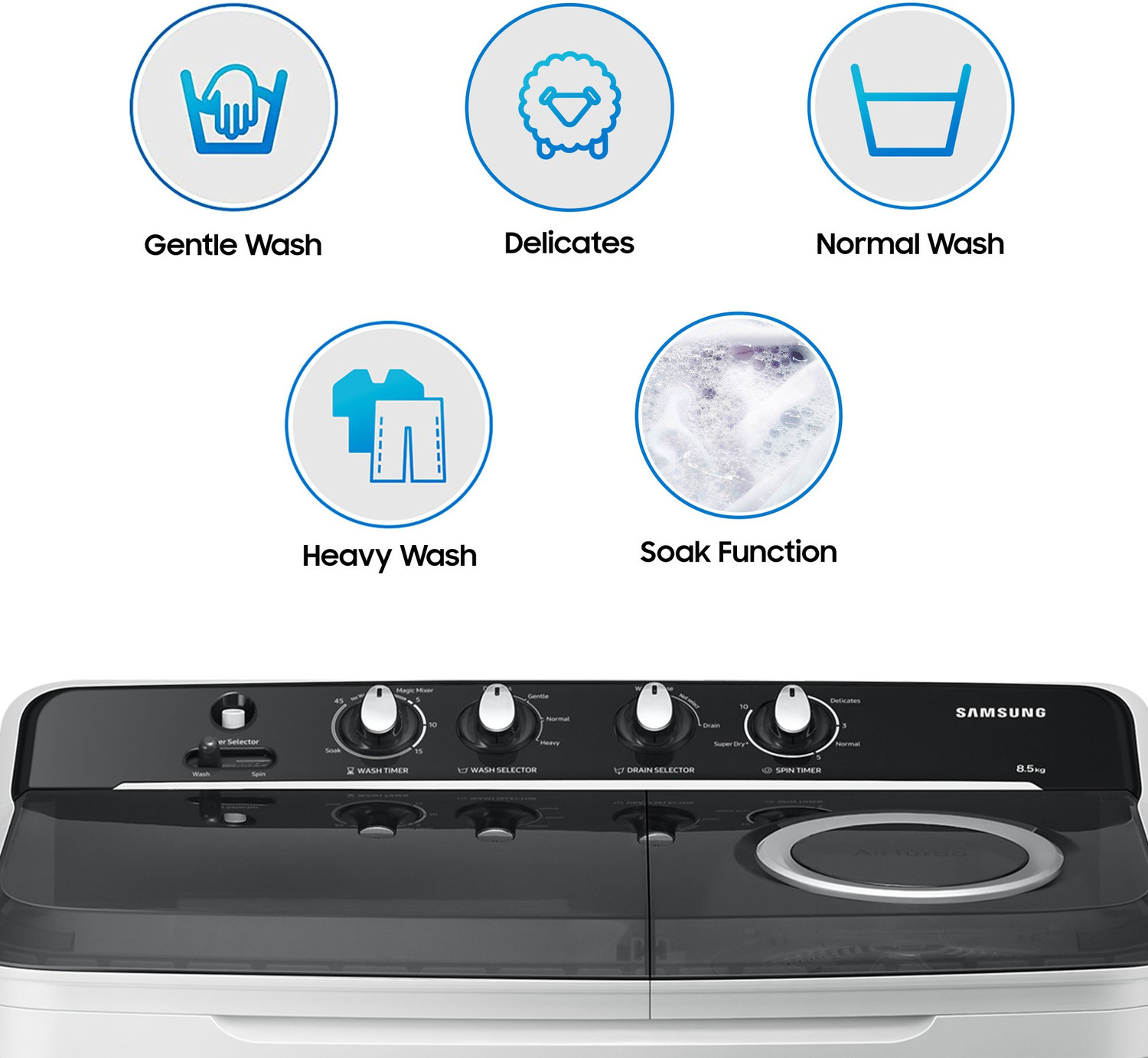 Image of Samsung 8.5 kg 5 star, Air Turbo Drying Semi Automatic Top Load Washing Machine Black, Grey