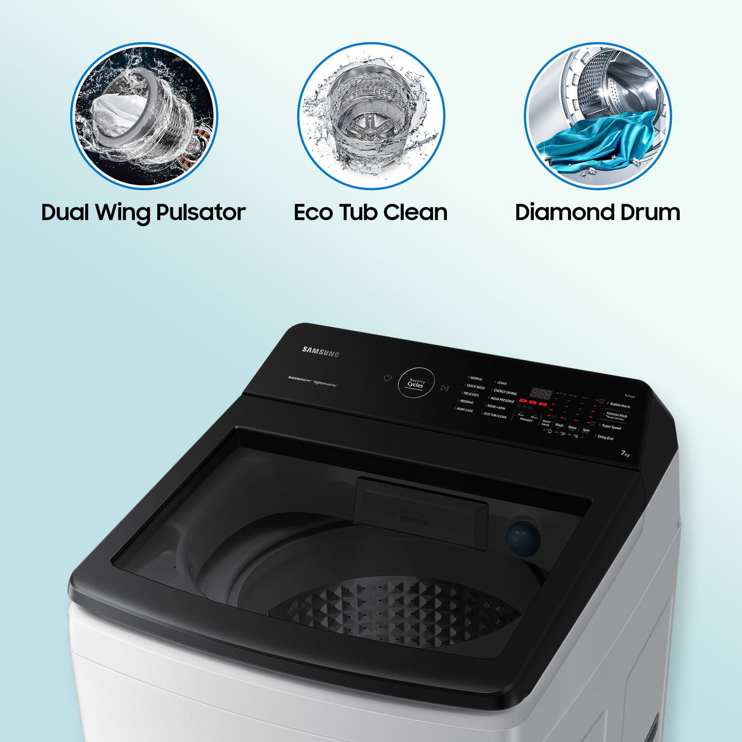 Image of Samsung 7 kg 5 star, Ecobubble, Super Speed, Digital Inverter, Fully Automatic Top Load Washing Machine Grey