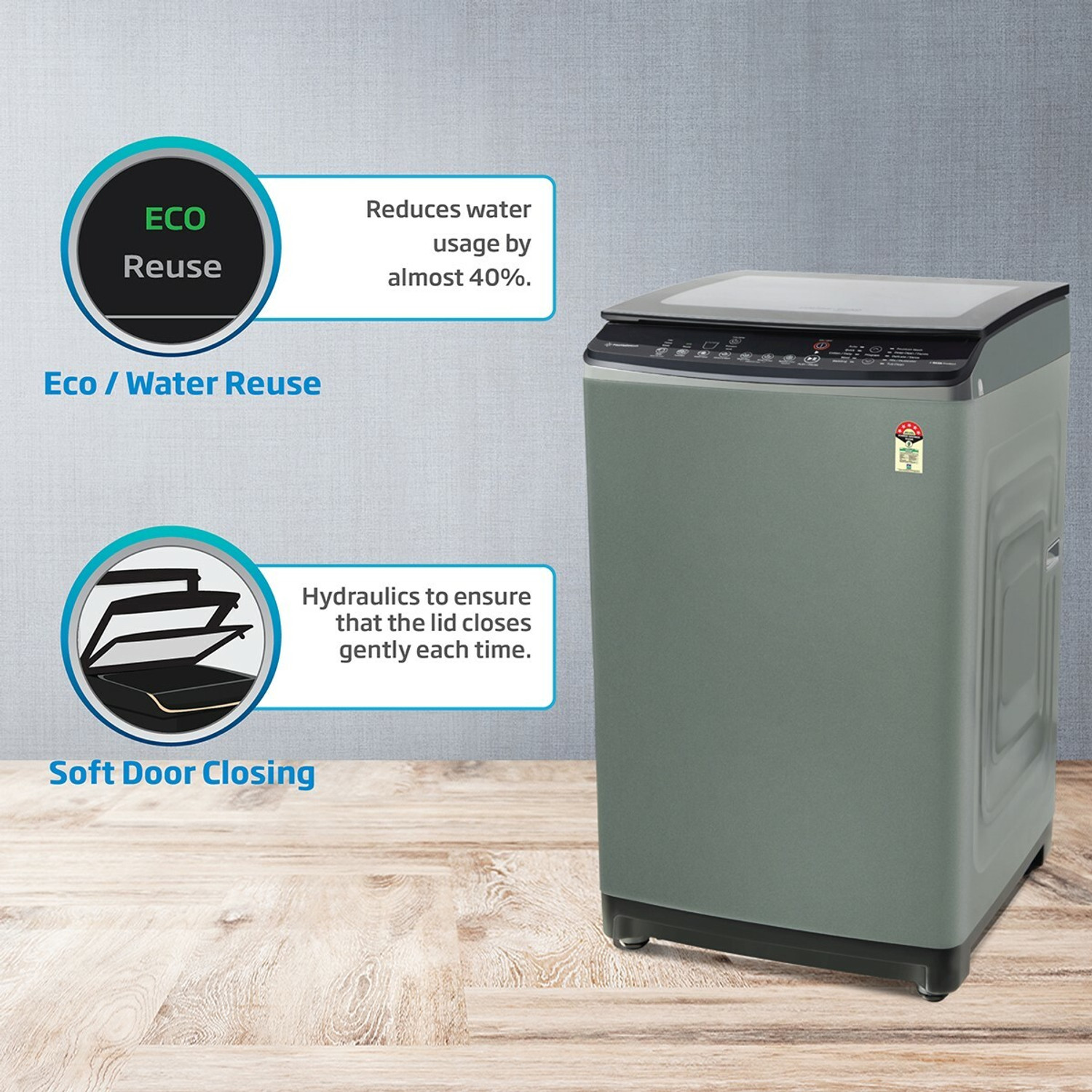 Image of Voltas Beko by A Tata Product 8 kg Eco Wash and Fountain Wash Fully Automatic Top Load Washing Machine Black, Grey