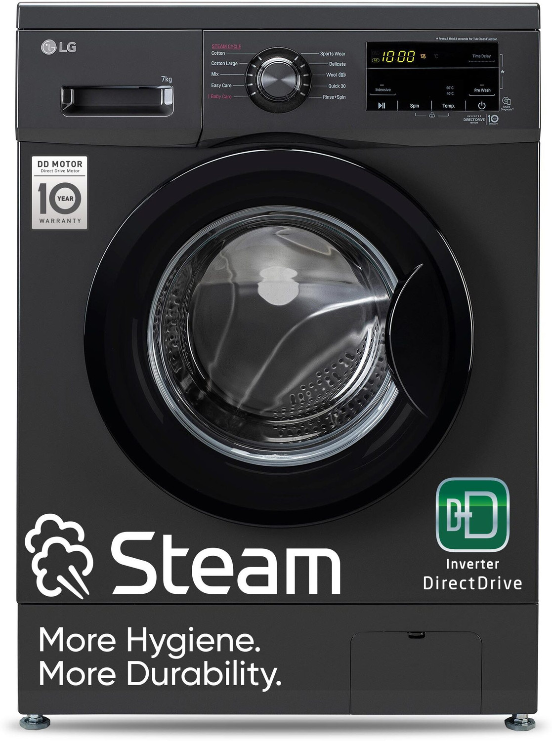 Image of LG 7 kg 5 Star with Steam, Inverter Direct Drive Technology, 6 Motion DD, Touch Panel and 1200 RPM Fully Automatic Front Load Washing Machine with In-built Heater Black, Grey (FHM1207SDM)