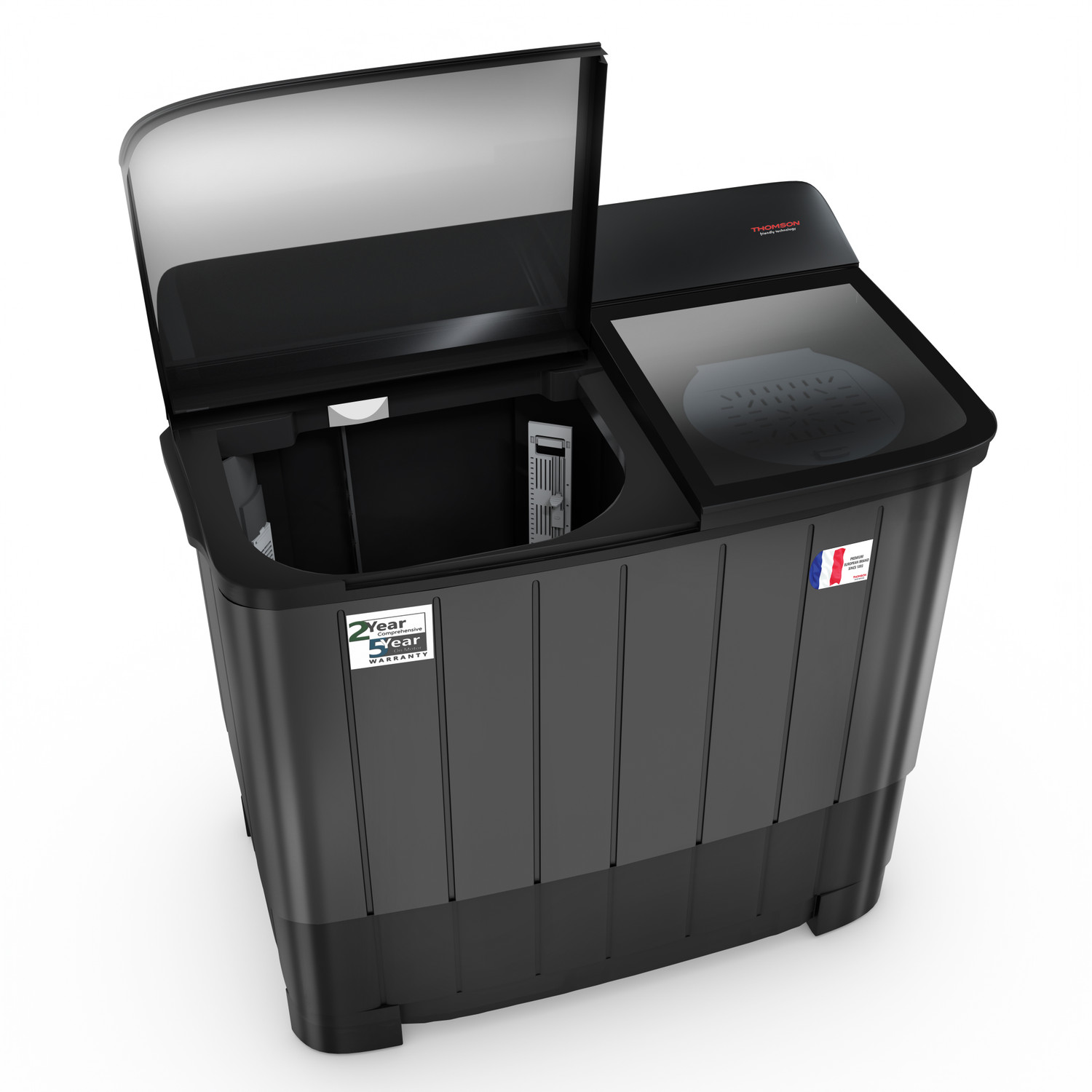 Image of Thomson 12 kg 5 Star Aqua Magic Toughen Glass with soft closure, Double Waterfall, Detergent Box,� Water Level Selector, 3D Rollers Technology, Collar Scrubber, Turbo Dry Technology, Semi Automatic Top Load Washing Machine Black