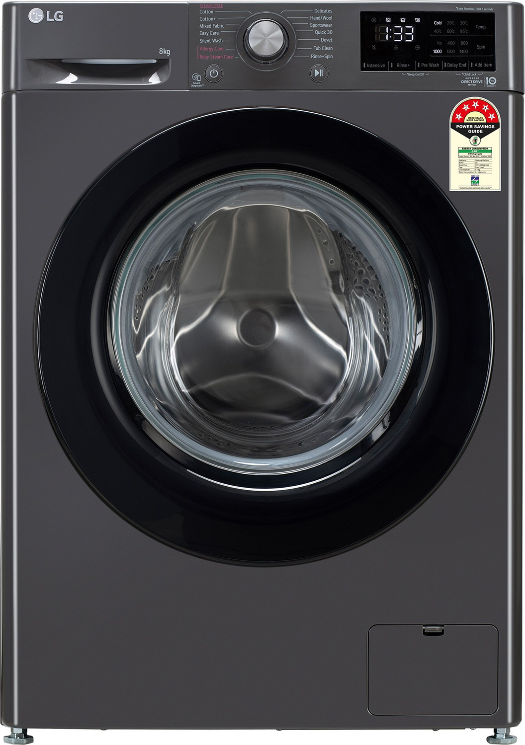 Image of LG 8 kg 5 Star with AI Direct Drive Washer with Steam Fully Automatic Front Load Washing Machine with In-built Heater Black