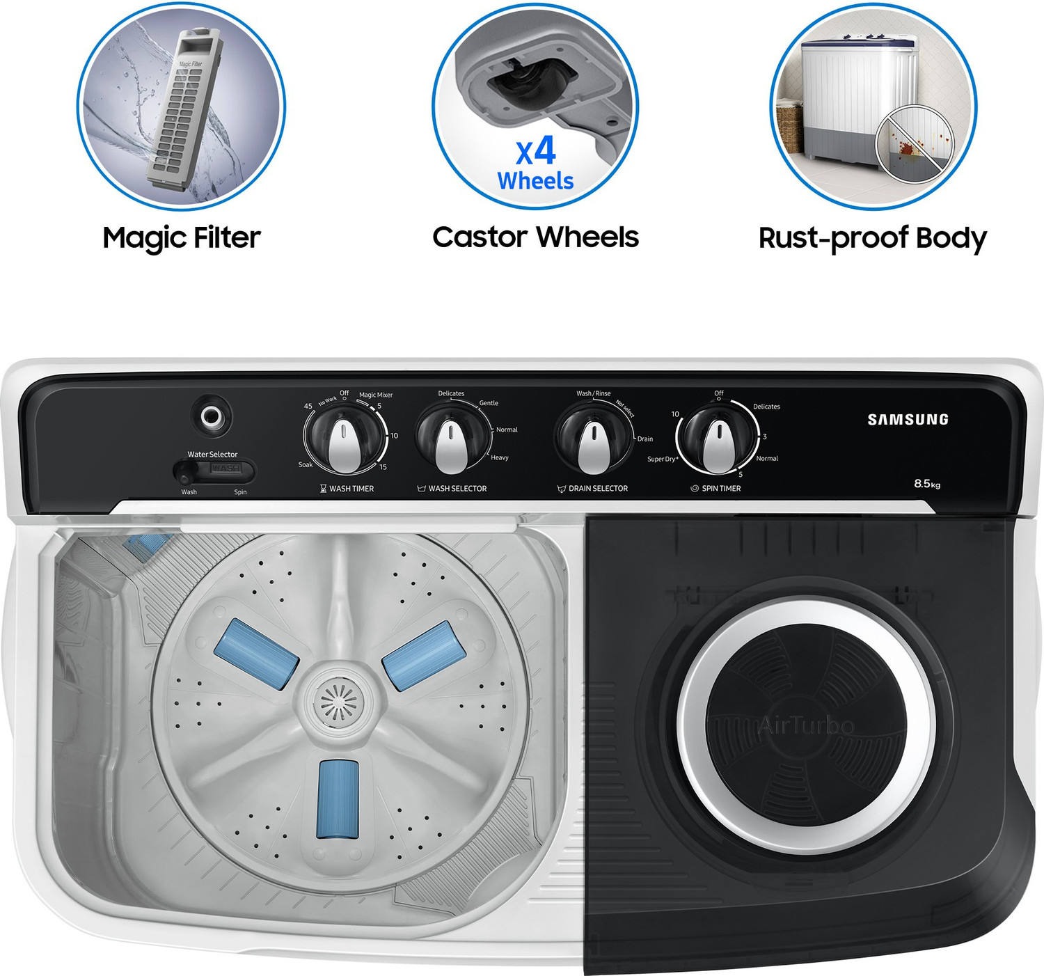 Image of Samsung 8.5 kg 5 star, Air Turbo Drying Semi Automatic Top Load Washing Machine Black, Grey