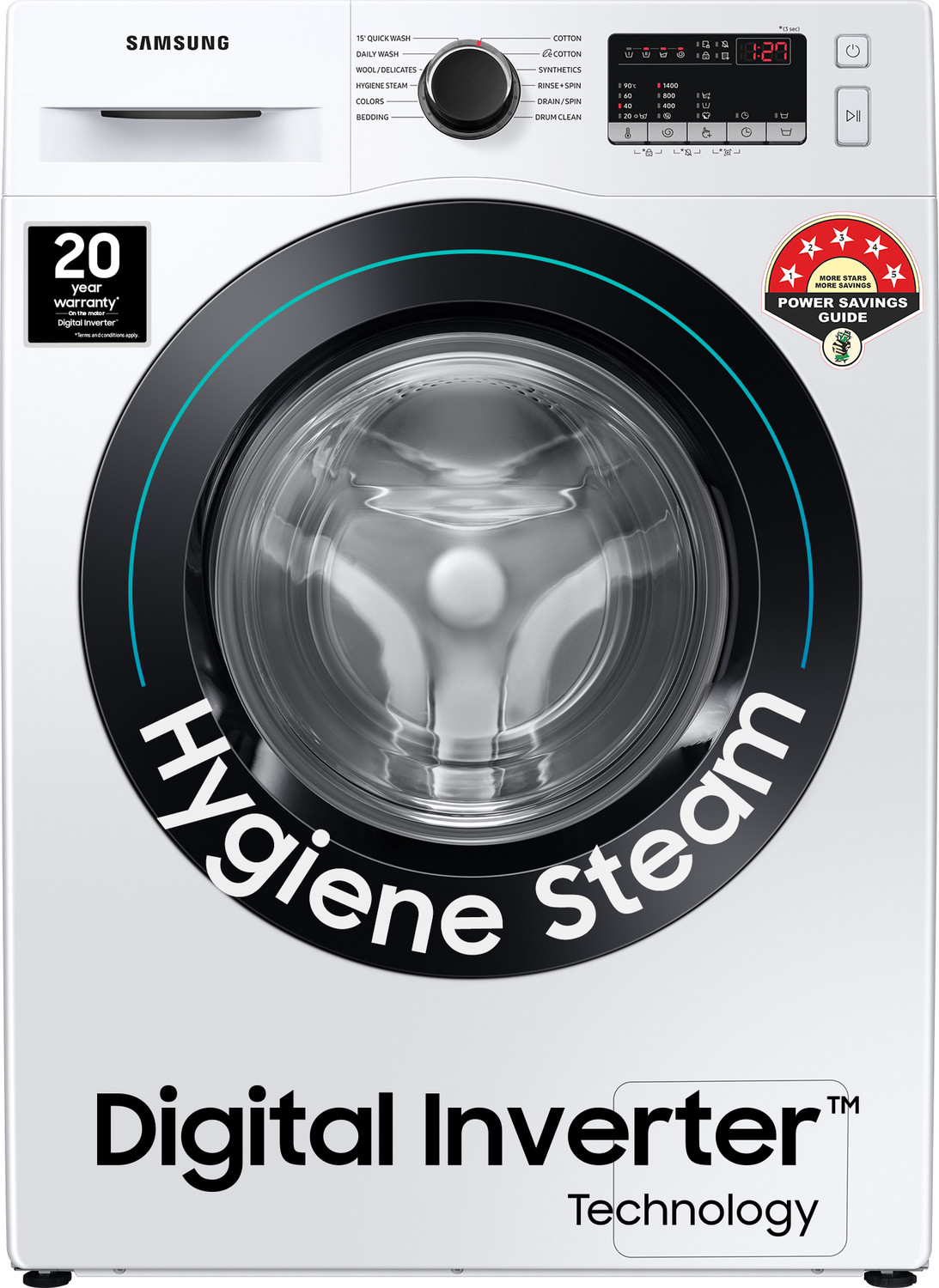 Image of Samsung 8 kg 5 Star, Inverter, Hygiene Steam Digital Inverter Fully Automatic Front Load Washing Machine with In-built Heater White