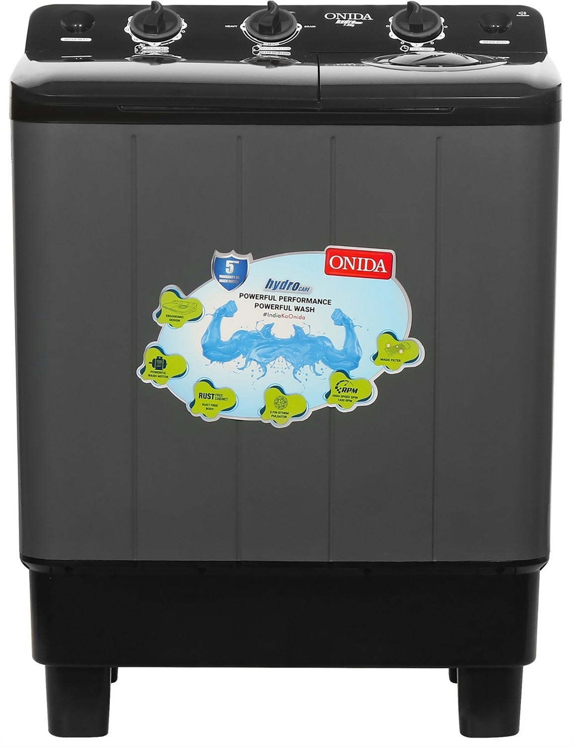 Image of ONIDA 7 kg 5 Star With Five-Fin Storm Pulsator Semi Automatic Top Load Washing Machine Black, Grey