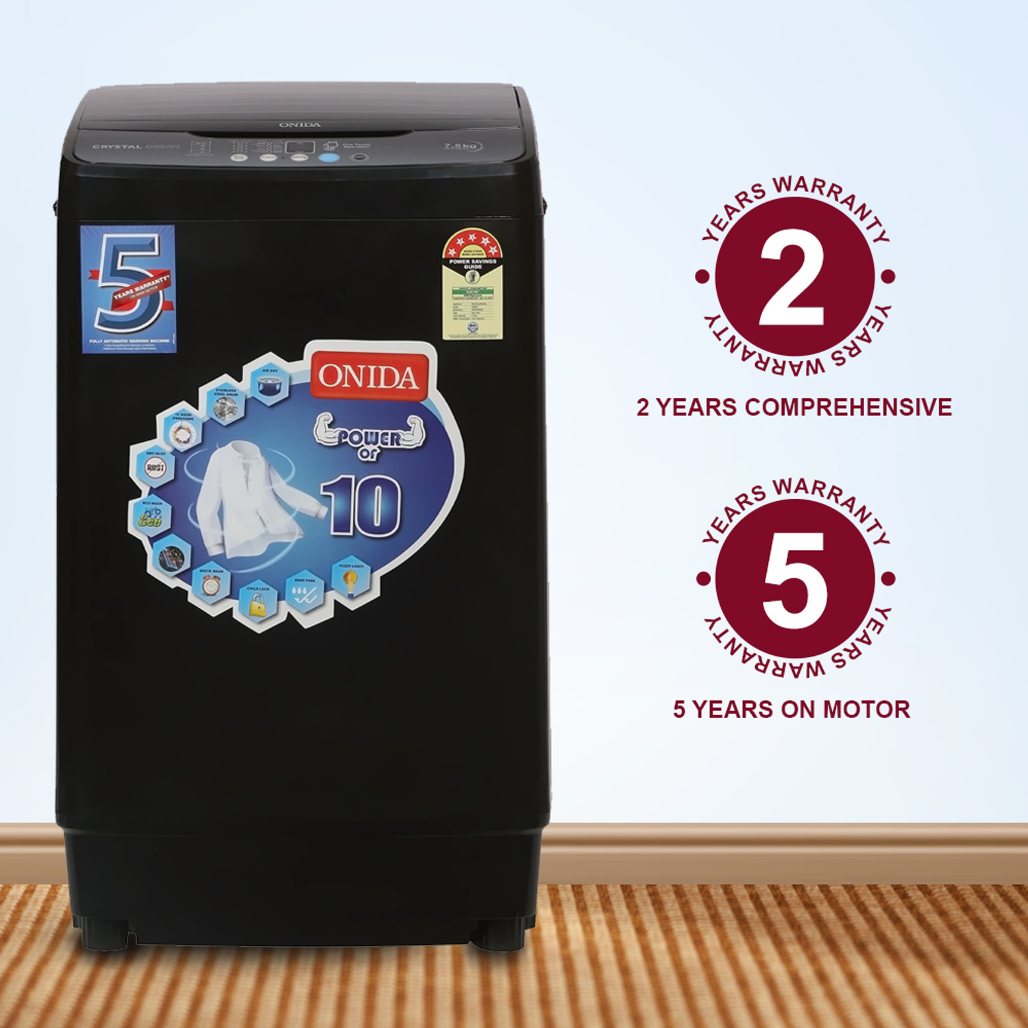 Image of ONIDA 7.5 kg 5 Star Dual Action Pulsator Quadra Scrub Fully Automatic Top Load Washing Machine Black