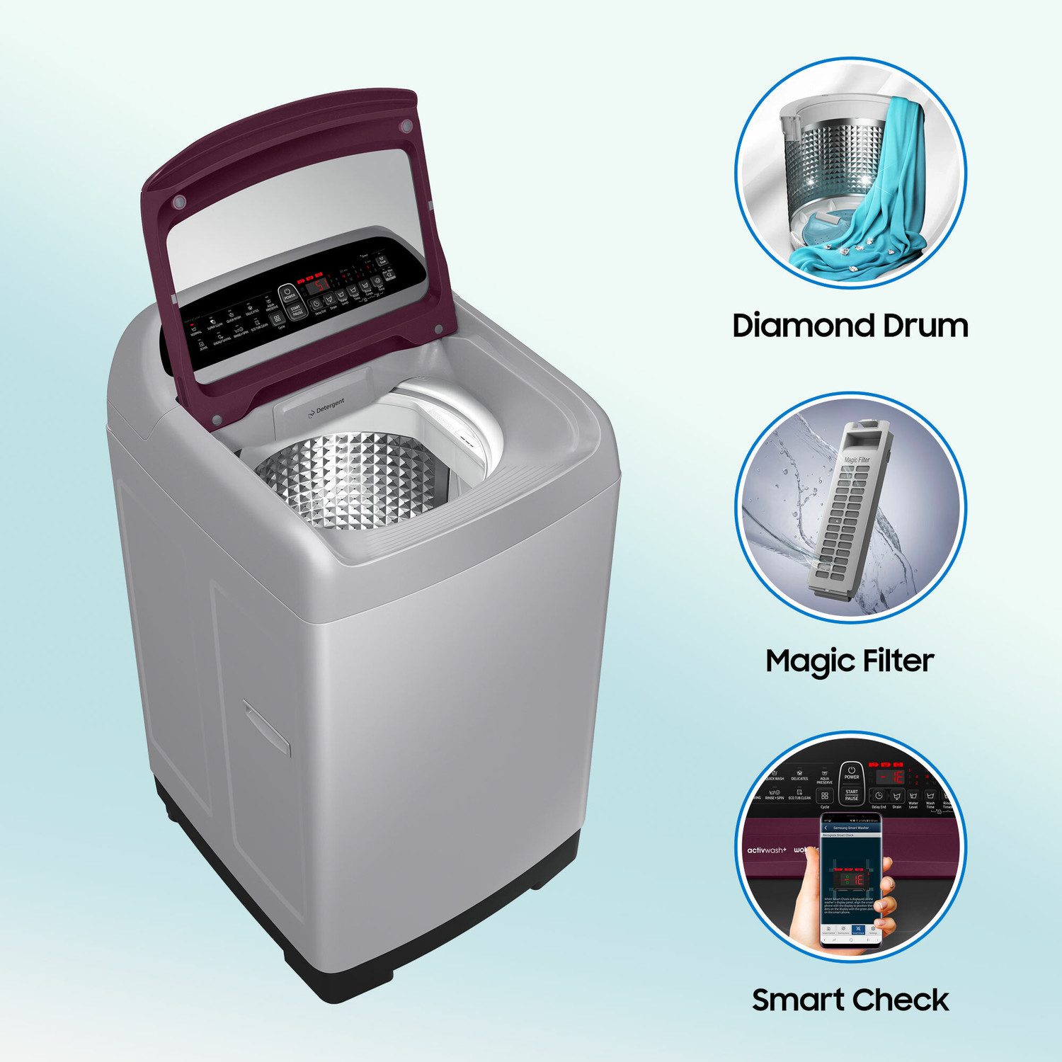 Image of Samsung 6.5 kg Inverter 5 star Wobble Technology Fully Automatic Top Load Washing Machine Silver