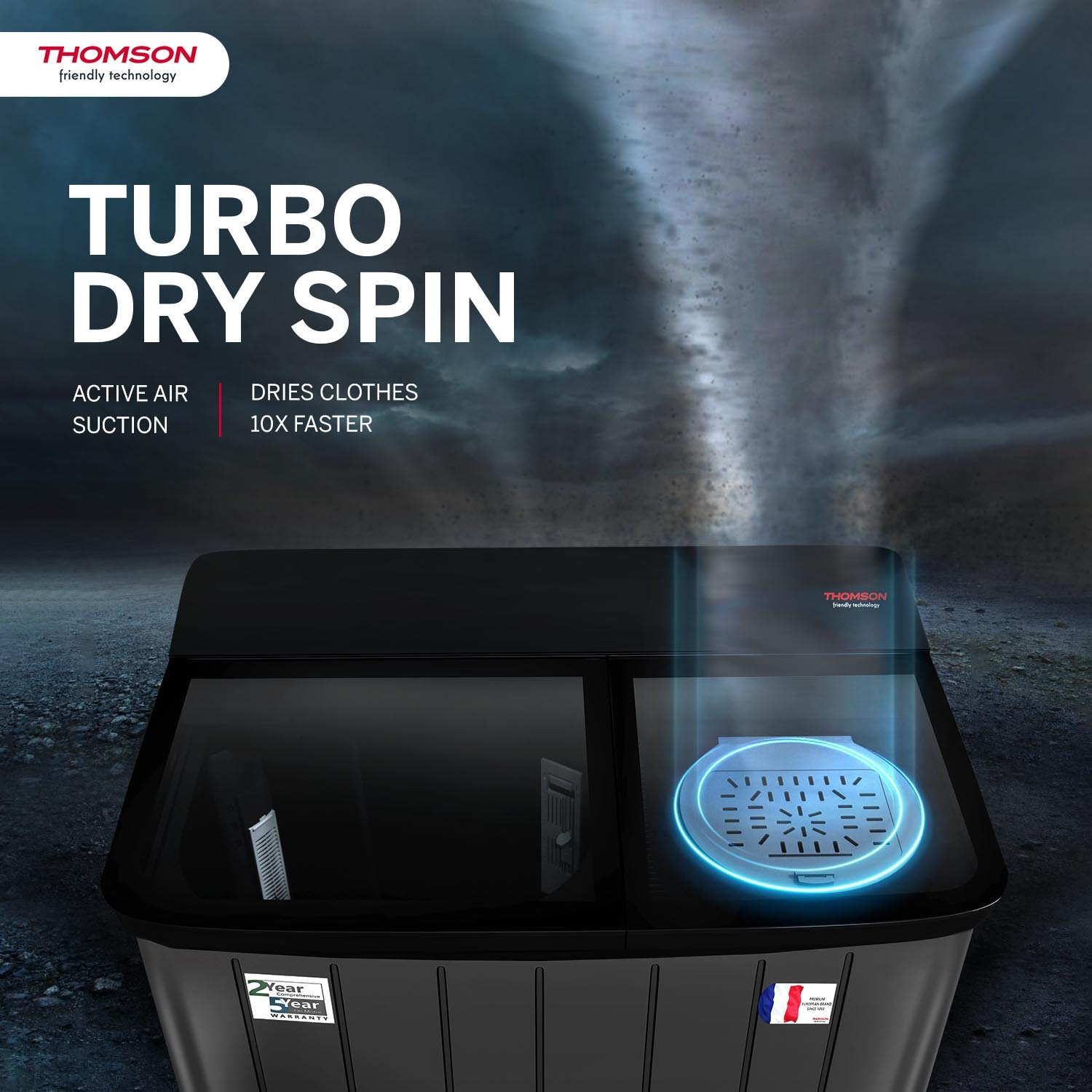 Image of Thomson 12 kg 5 Star Aqua Magic Toughen Glass with soft closure, Double Waterfall, Detergent Box,� Water Level Selector, 3D Rollers Technology, Collar Scrubber, Turbo Dry Technology, Semi Automatic Top Load Washing Machine Black