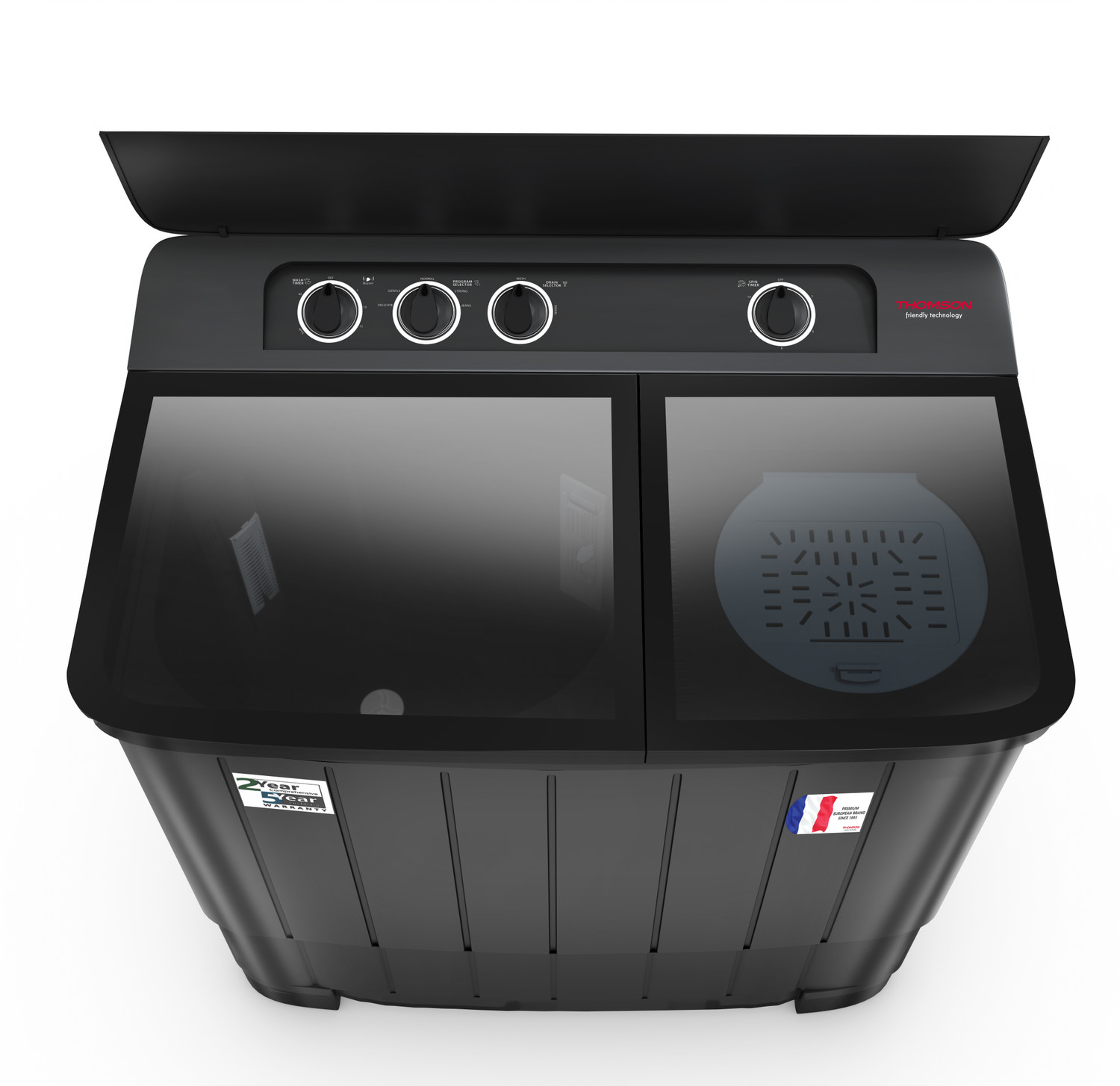 Image of Thomson 12 kg 5 Star Aqua Magic Toughen Glass with soft closure, Double Waterfall, Detergent Box,� Water Level Selector, 3D Rollers Technology, Collar Scrubber, Turbo Dry Technology, Semi Automatic Top Load Washing Machine Black