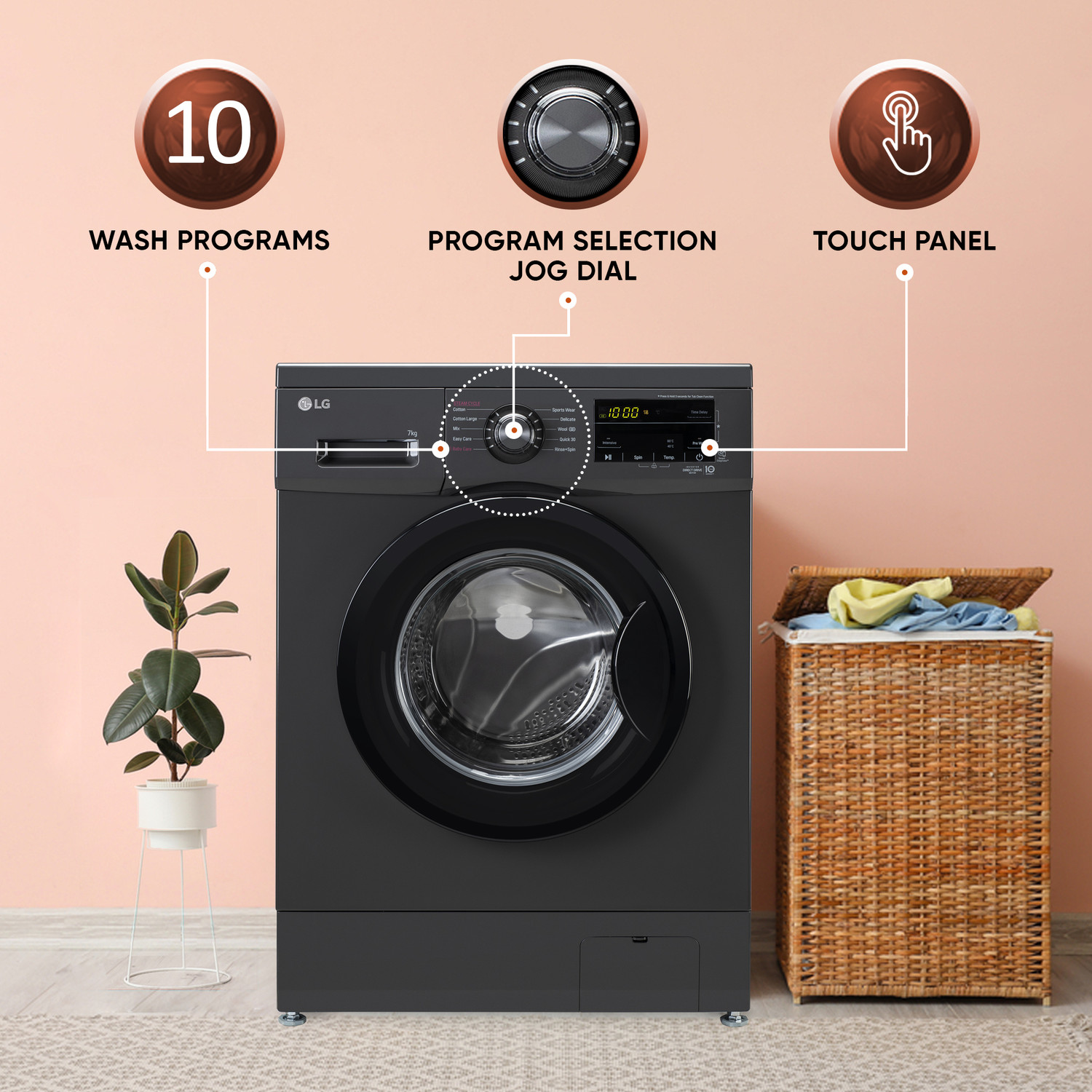 Image of LG 7 kg 5 Star with Steam, Inverter Direct Drive Technology, 6 Motion DD, Touch Panel and 1200 RPM Fully Automatic Front Load Washing Machine with In-built Heater Black, Grey (FHM1207SDM)