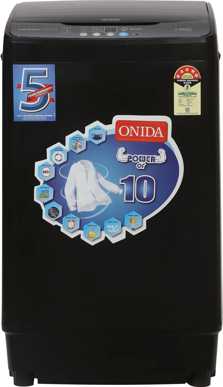 Image of ONIDA 7.5 kg 5 Star Dual Action Pulsator Quadra Scrub Fully Automatic Top Load Washing Machine Black