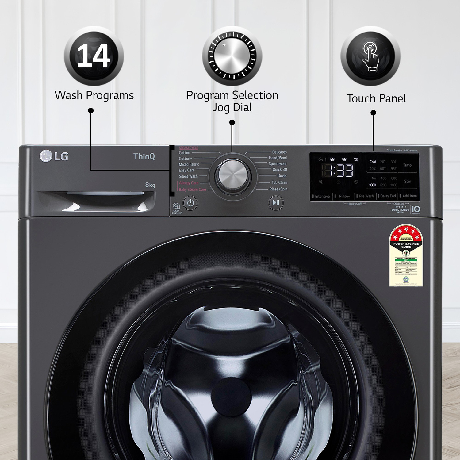 Image of LG 8 kg Wi-Fi Enabled Fully Automatic Front Load Washing Machine with In-built Heater Black, Grey (FHP1208Z5M)