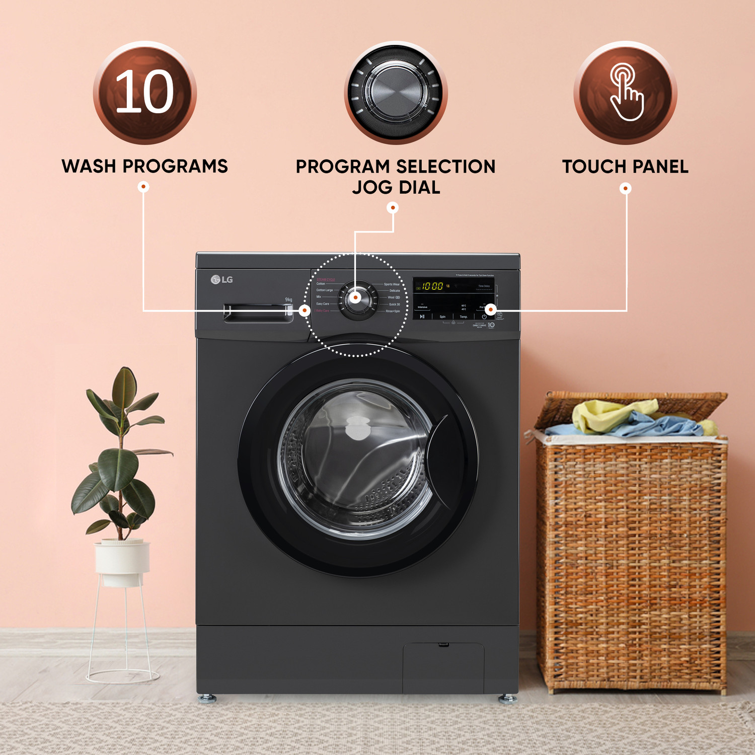Image of LG 9 kg 5 Star with Steam, Inverter Direct Drive, 6 Motion Direct Drive, Touch Panel and 1400 RPM Fully Automatic Front Load Washing Machine with In-built Heater Black