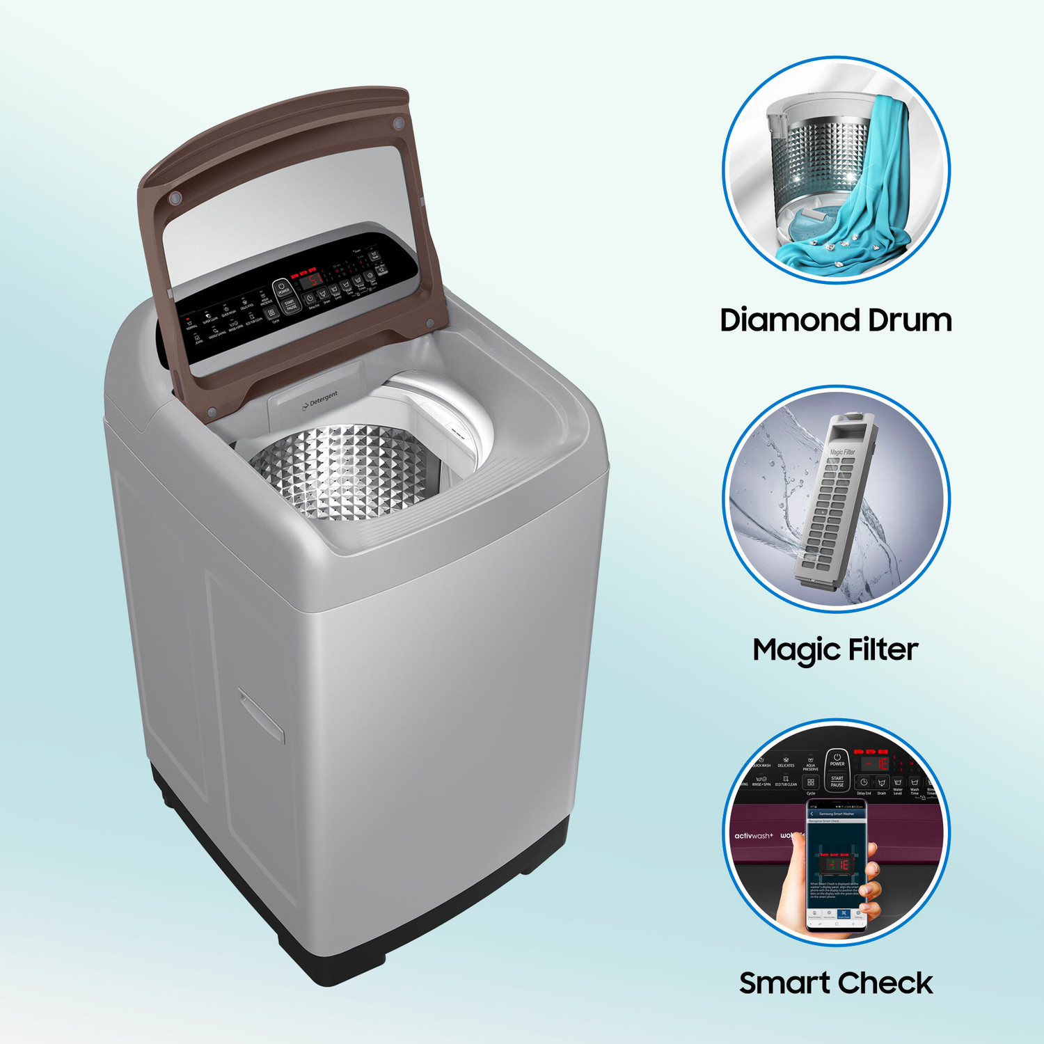 Image of Samsung 6.5 kg Inverter 5 star Wobble Technology Fully Automatic Top Load Washing Machine Silver