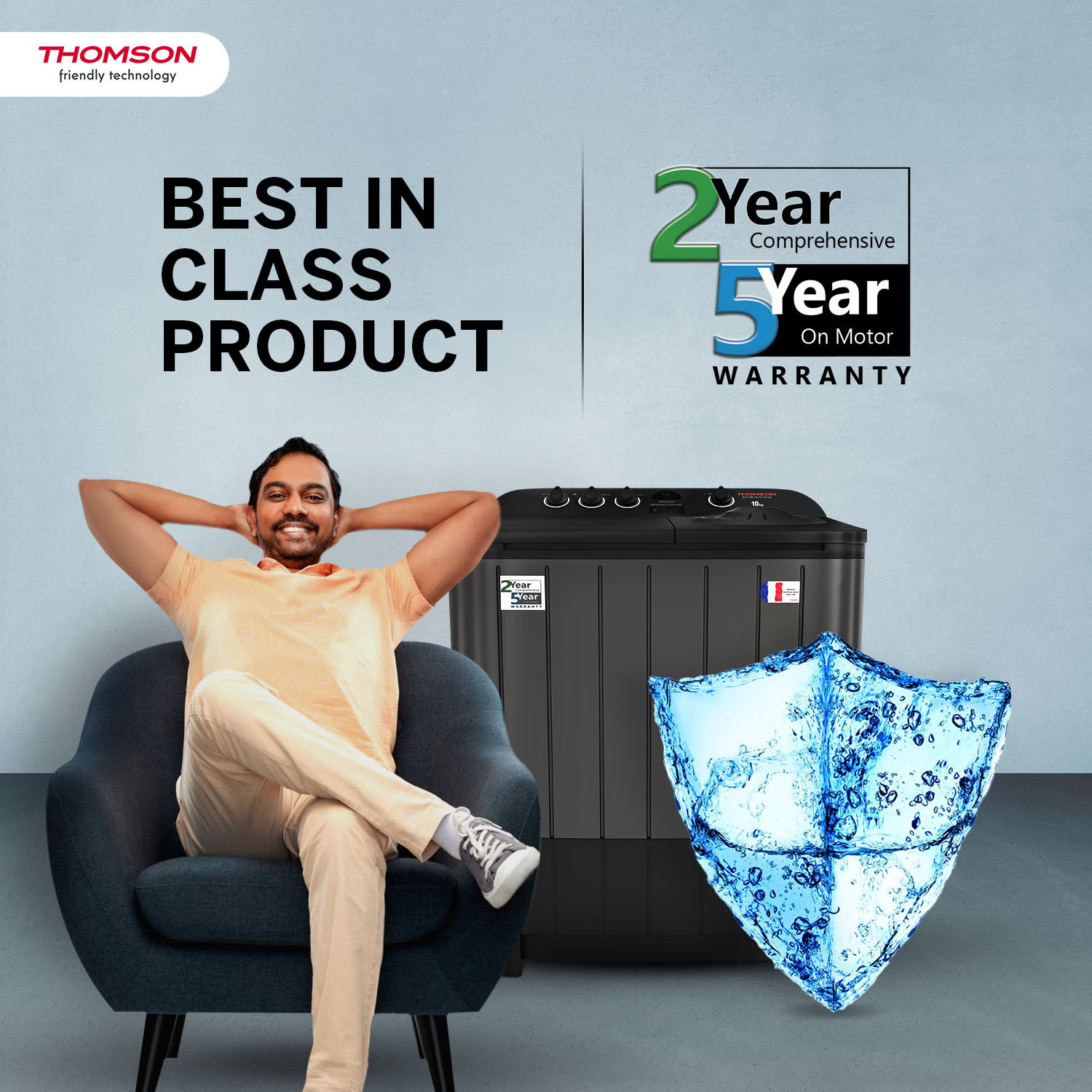 Image of Thomson 10 kg 5 Star Aqua Magic with Double Waterfall, Detergent Box, 3D Rollers Technology, Magic Filter, Collar Scrubber, Turbo Dry Technology, Semi Automatic Top Load Washing Machine Black