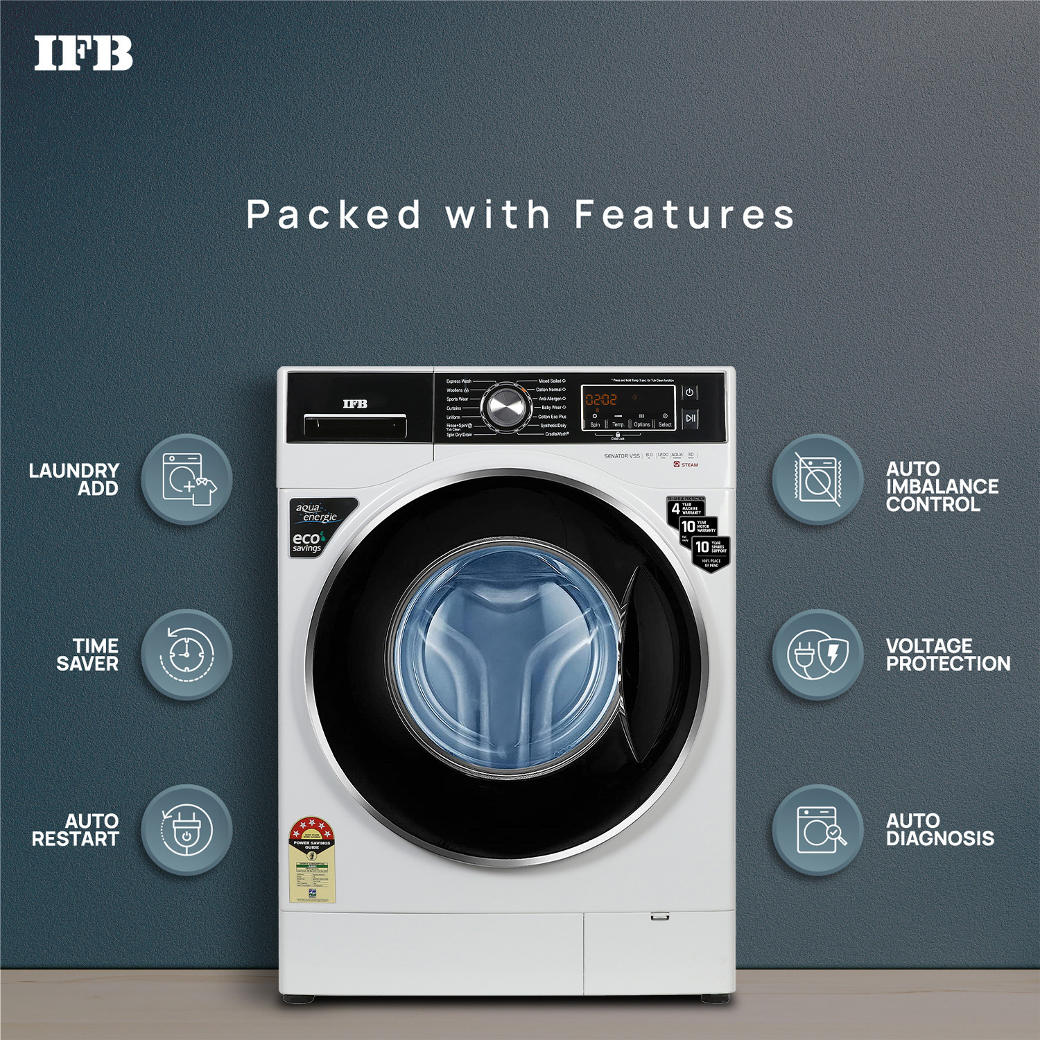Image of IFB 8 kg with Steam Fully Automatic Front Load Washing Machine with In-built Heater Black, White