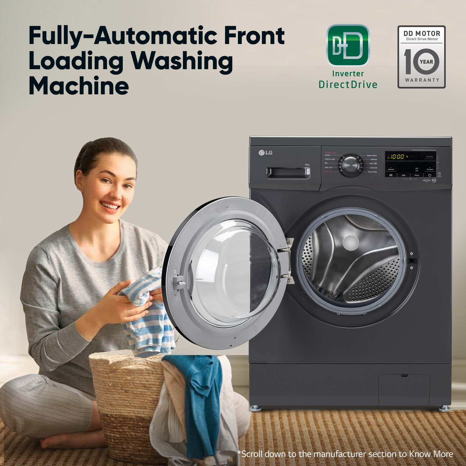 Image of LG 8 kg 5 Star with Steam, Inverter Direct Drive, 6 Motion Direct Drive, Touch Panel and 1400 RPM Fully Automatic Front Load Washing Machine with In-built Heater Black, Grey (FHM1408BDM)