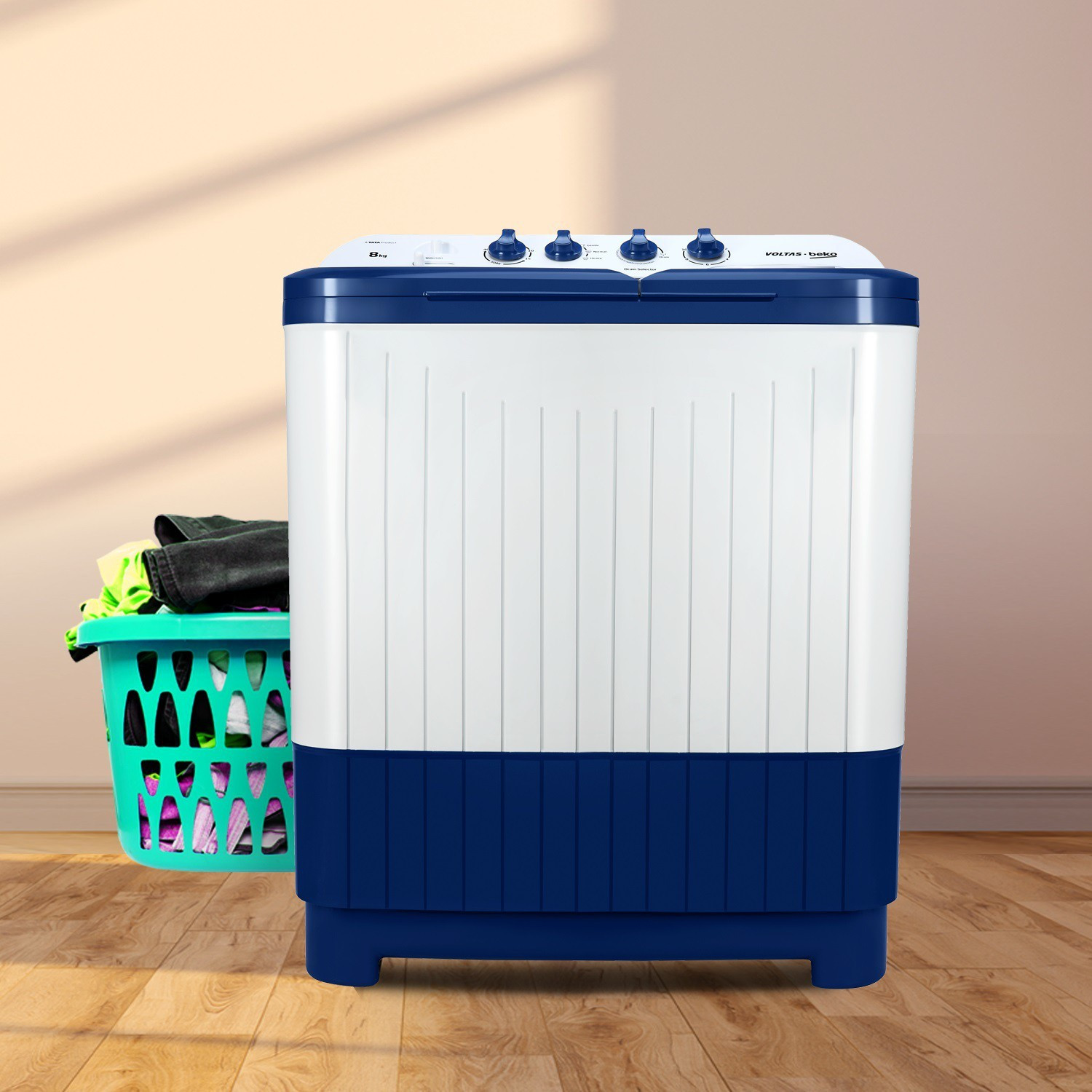 Image of Voltas Beko by A Tata Product 8 kg with Fast Dry, Double Waterfall, 5 Wing Pulsator Semi Automatic Top Load Washing Machine Blue, White