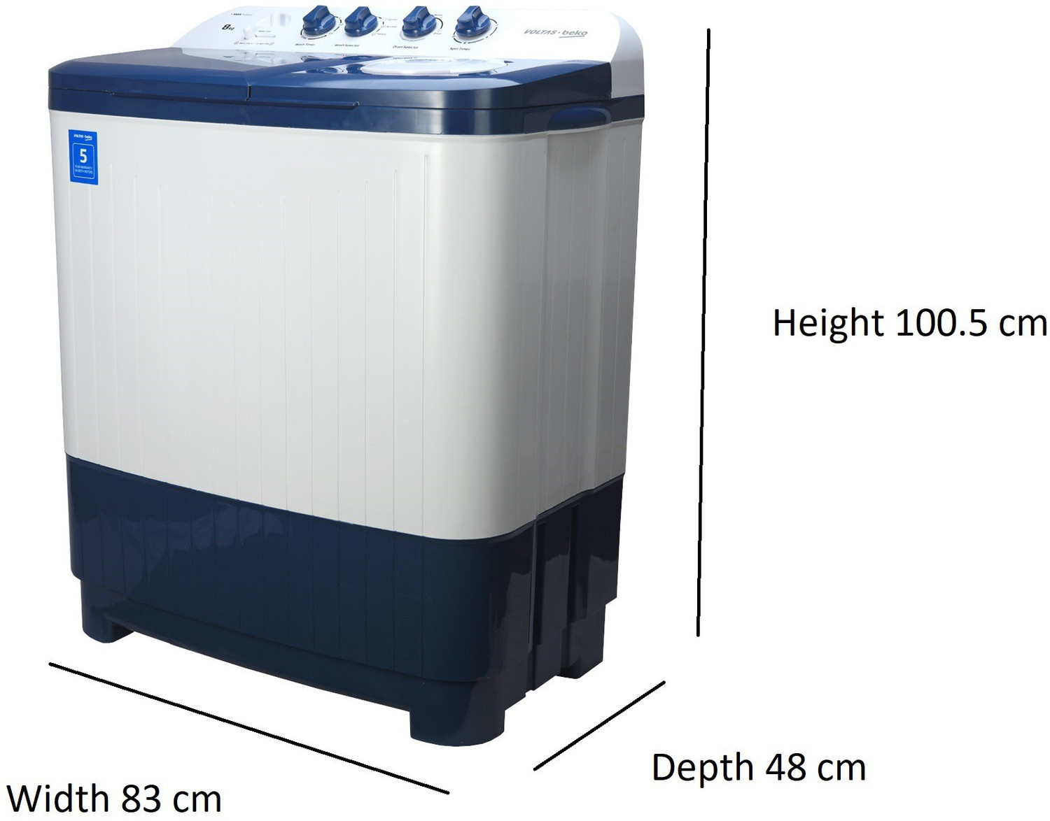 Image of Voltas Beko by A Tata Product 8 kg with Fast Dry, Double Waterfall, 5 Wing Pulsator Semi Automatic Top Load Washing Machine Blue, White
