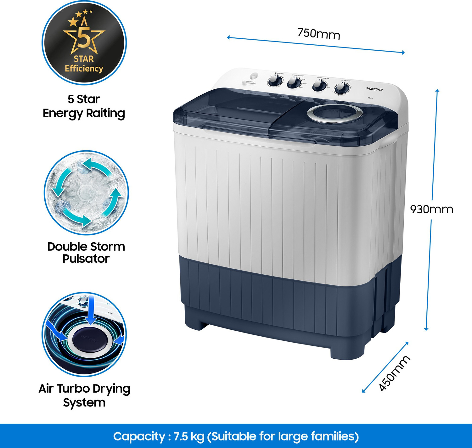 Image of Samsung 7.5 kg 5 star, Air Turbo Drying Semi Automatic Top Load Washing Machine Blue, Grey