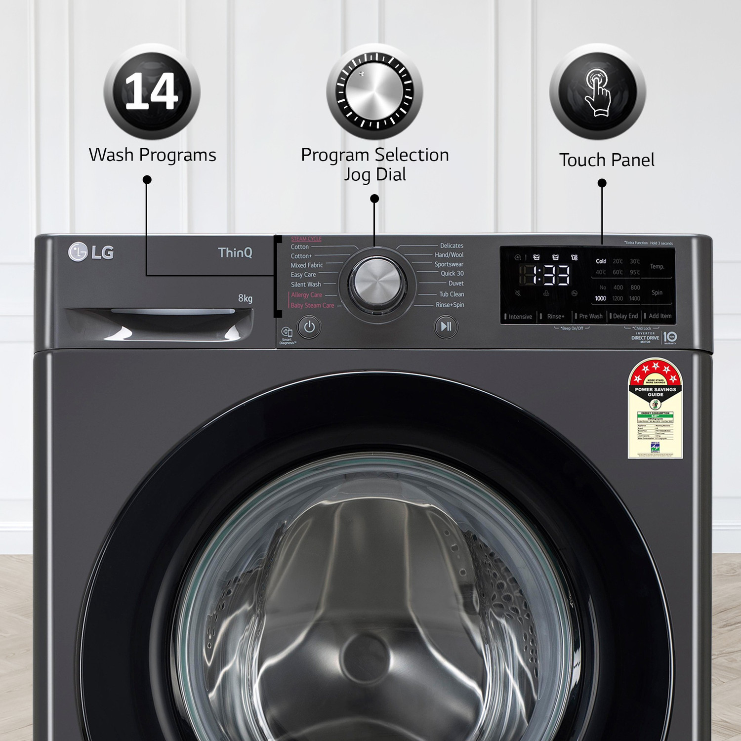 Image of LG 8 kg 5 Star with AI Direct Drive Washer with Steam Fully Automatic Front Load Washing Machine with In-built Heater Black
