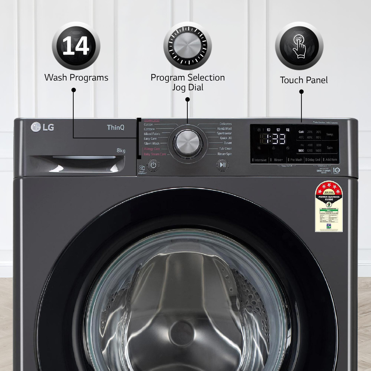 Image of LG 8 kg 5 Star, AI Direct Drive Technology, Steam, 6 Motion DD Fully Automatic Front Load Washing Machine Black (FHP1208Z3M)