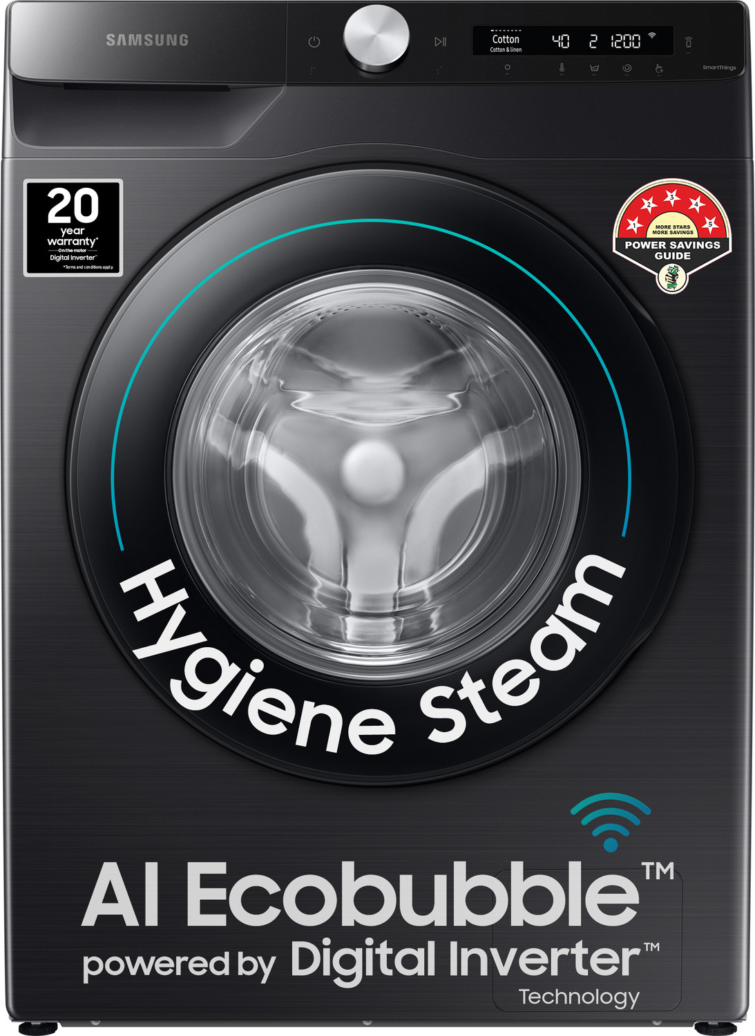 Image of Samsung 8 kg 5 Star, AI Ecobubble, Wi-Fi, Hygiene Steam,Digital Inverter Fully Automatic Front Load Washing Machine with In-built Heater Black