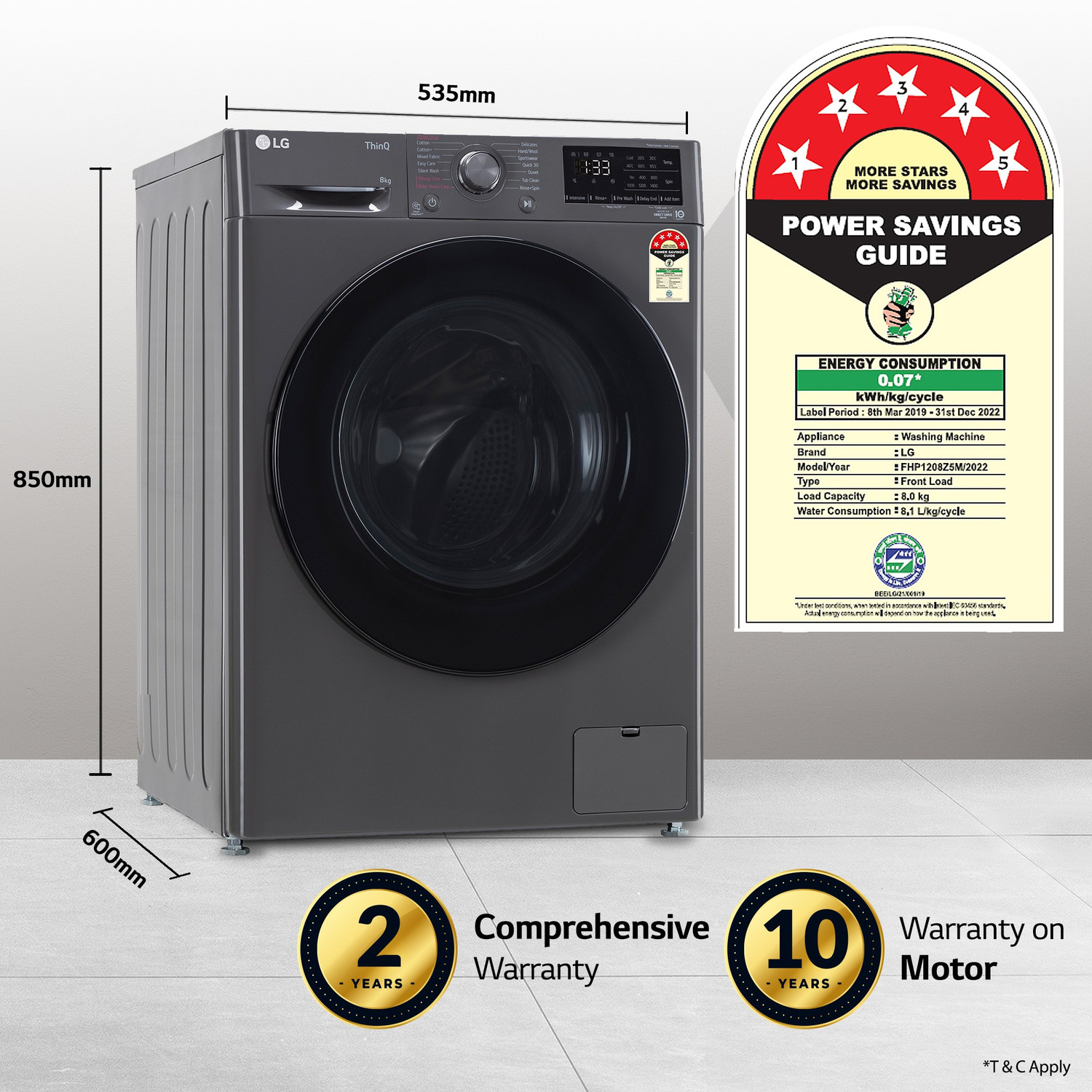 Image of LG 8 kg Wi-Fi Enabled Fully Automatic Front Load Washing Machine with In-built Heater Black, Grey (FHP1208Z5M)