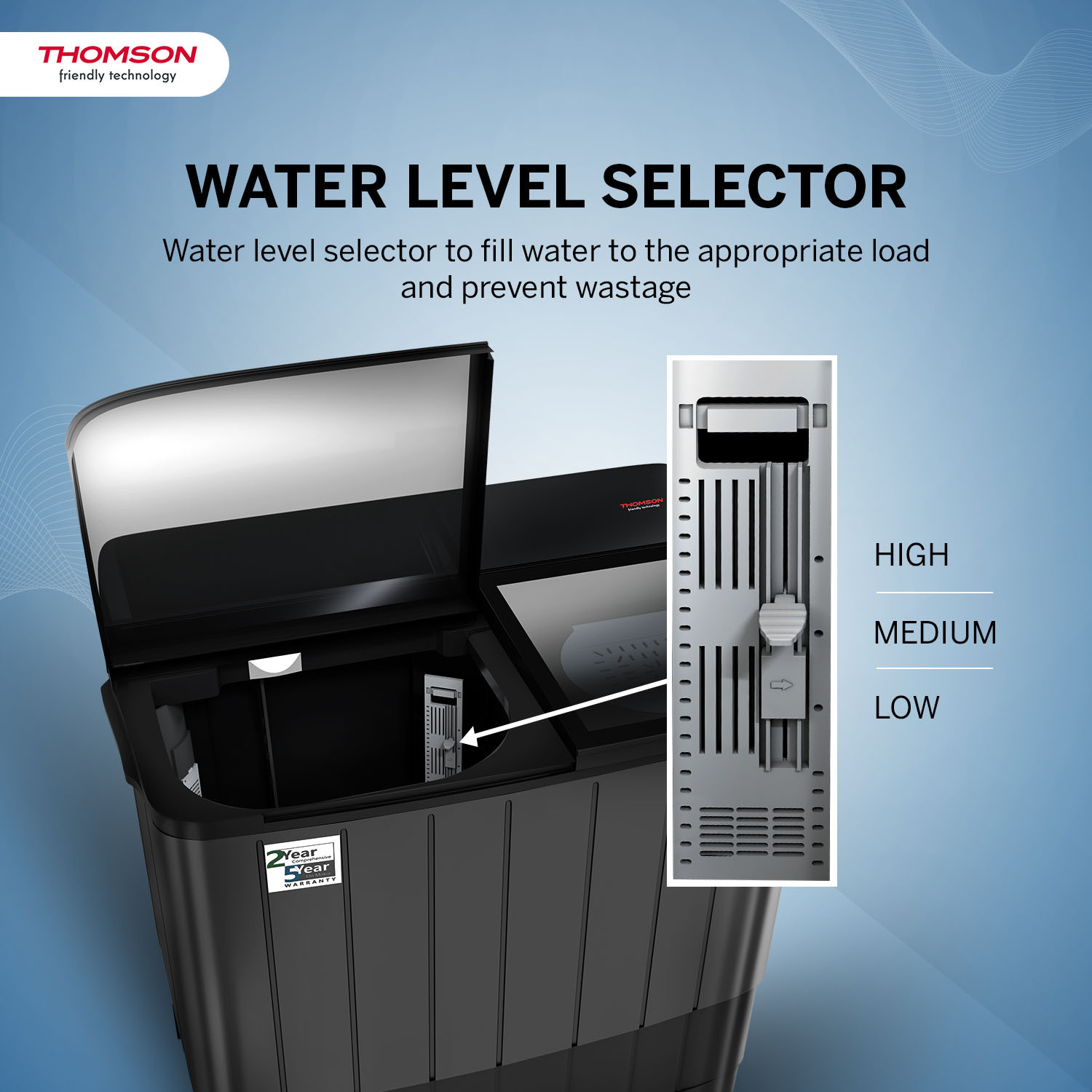 Image of Thomson 12 kg 5 Star Aqua Magic Toughen Glass with soft closure, Double Waterfall, Detergent Box,� Water Level Selector, 3D Rollers Technology, Collar Scrubber, Turbo Dry Technology, Semi Automatic Top Load Washing Machine Black