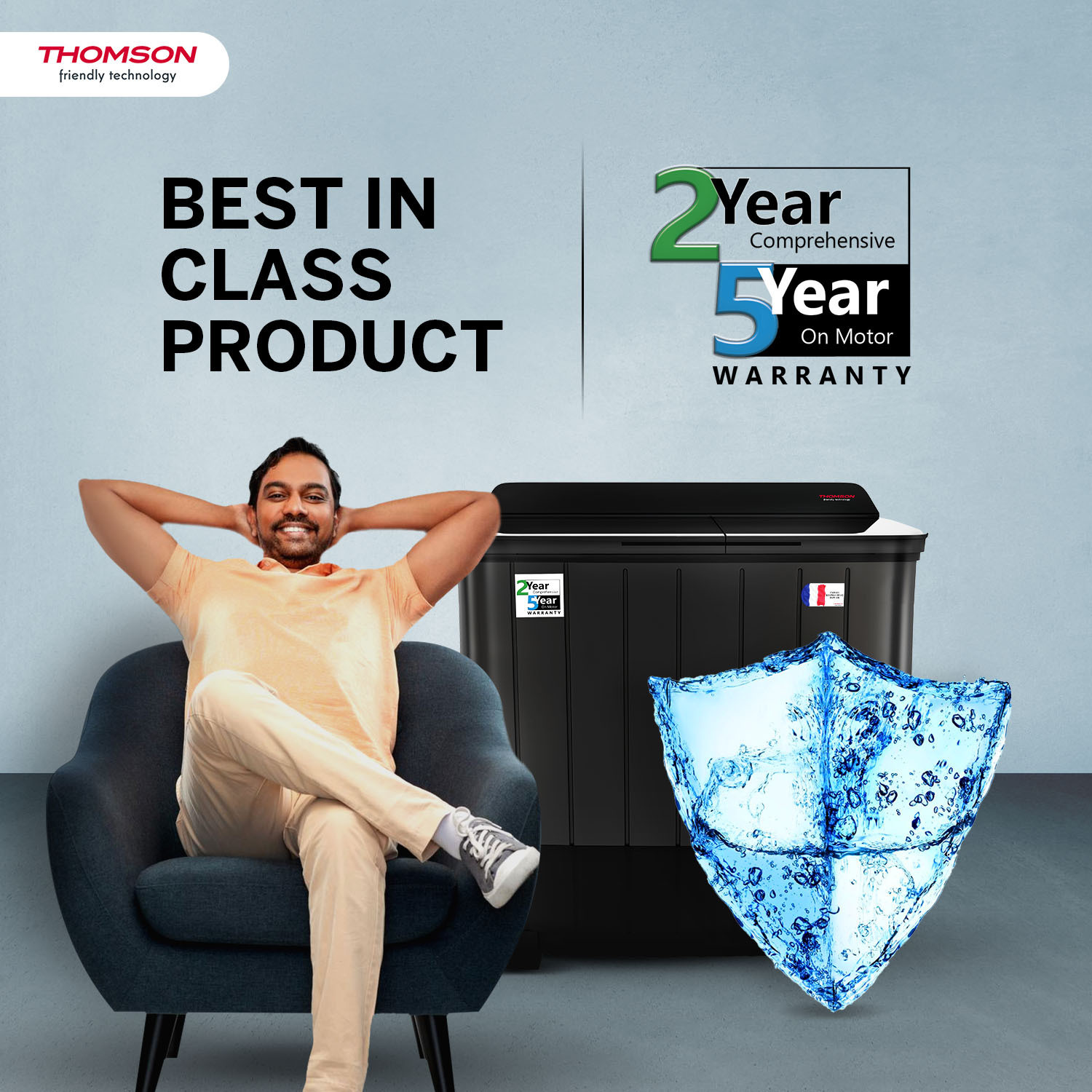 Image of Thomson 12 kg 5 Star Aqua Magic Toughen Glass with soft closure, Double Waterfall, Detergent Box,� Water Level Selector, 3D Rollers Technology, Collar Scrubber, Turbo Dry Technology, Semi Automatic Top Load Washing Machine Black