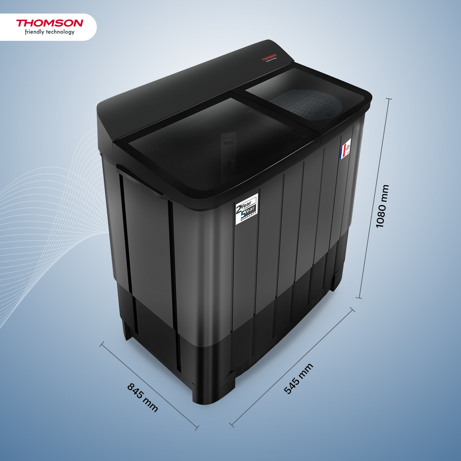 Image of Thomson 12 kg 5 Star Aqua Magic Toughen Glass with soft closure, Double Waterfall, Detergent Box,� Water Level Selector, 3D Rollers Technology, Collar Scrubber, Turbo Dry Technology, Semi Automatic Top Load Washing Machine Black