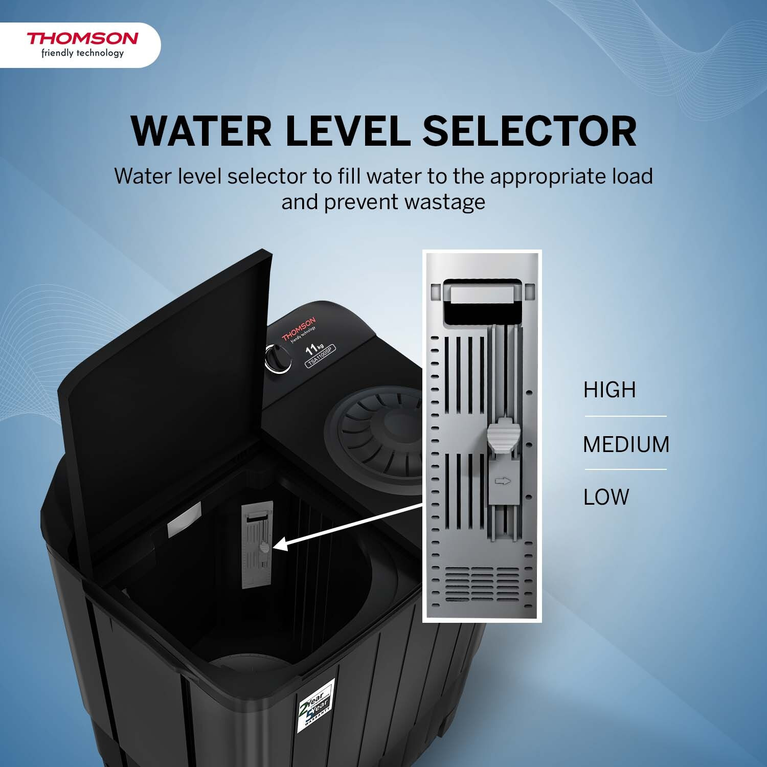 Image of Thomson 11 kg 5 Star Aqua Magic with Double Waterfall, Detergent Box, 3D Rollers Technology, Magic Filter, Collar Scrubber, Turbo Dry Technology, Semi Automatic Top Load Black, Semi Automatic Top Load Washing Machine Black, Grey