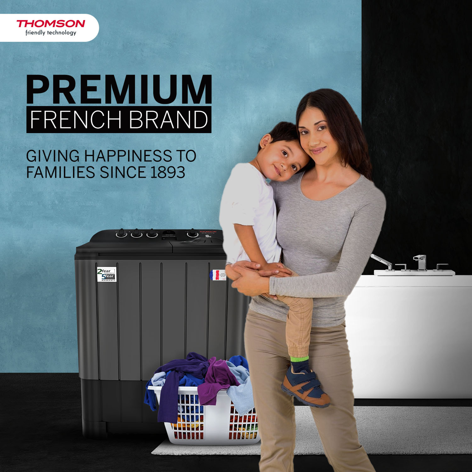 Image of Thomson 10 kg 5 Star Aqua Magic with Double Waterfall, Detergent Box, 3D Rollers Technology, Magic Filter, Collar Scrubber, Turbo Dry Technology, Semi Automatic Top Load Washing Machine Black