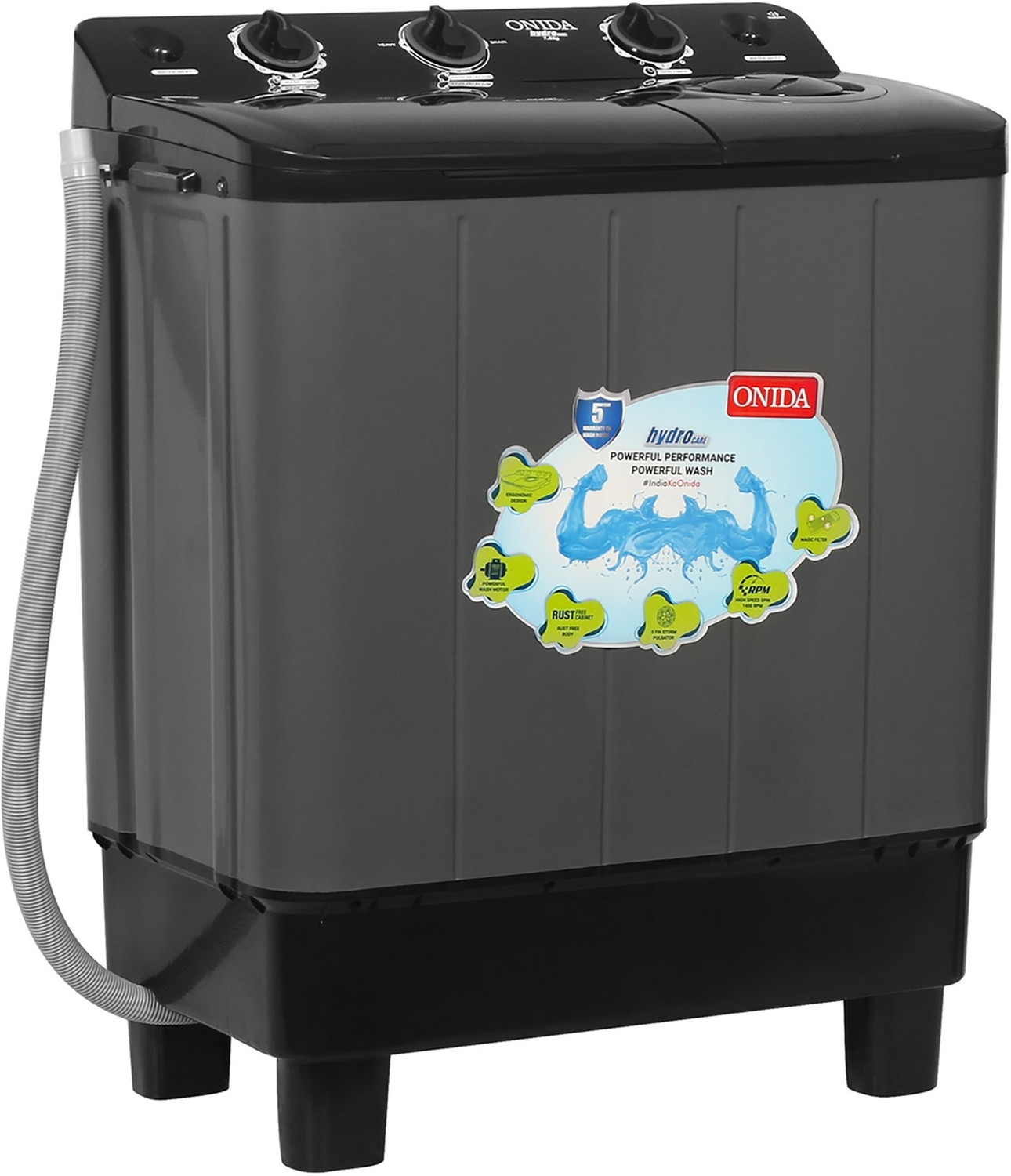 Image of ONIDA 7 kg 5 Star With Five-Fin Storm Pulsator Semi Automatic Top Load Washing Machine Black, Grey