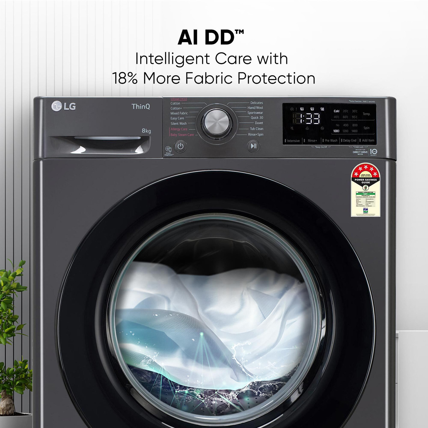 Image of LG 8 kg 5 Star, AI Direct Drive Technology, Steam, 6 Motion DD Fully Automatic Front Load Washing Machine Black (FHP1208Z3M)