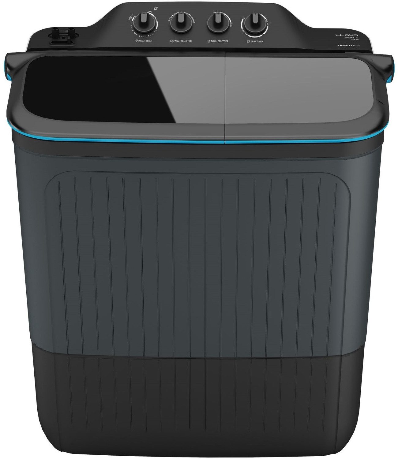 Image of Lloyd by Havells 7.5 kg |Double layered strong Lids|1300 RPM| Soak Function|3 Wash Programs| Magic Filter Semi Automatic Top Load Washing Machine Black, Grey
