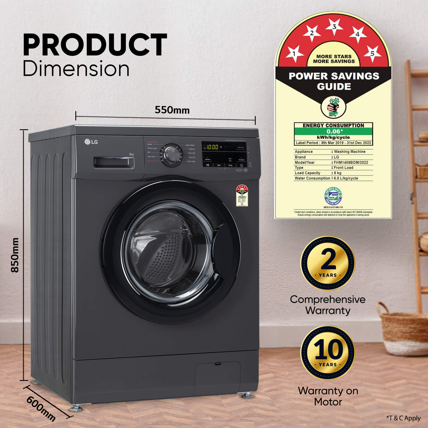 Image of LG 8 kg 5 Star with Steam, Inverter Direct Drive, 6 Motion Direct Drive, Touch Panel and 1400 RPM Fully Automatic Front Load Washing Machine with In-built Heater Black, Grey (FHM1408BDM)