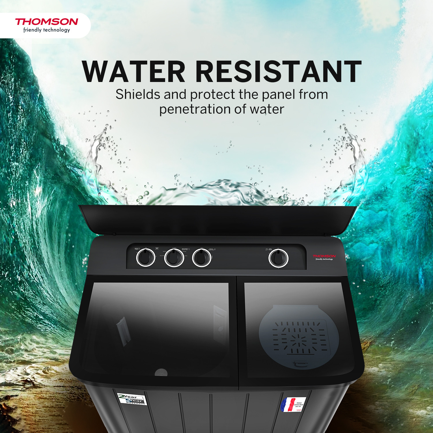 Image of Thomson 12 kg 5 Star Aqua Magic Toughen Glass with soft closure, Double Waterfall, Detergent Box,� Water Level Selector, 3D Rollers Technology, Collar Scrubber, Turbo Dry Technology, Semi Automatic Top Load Washing Machine Black
