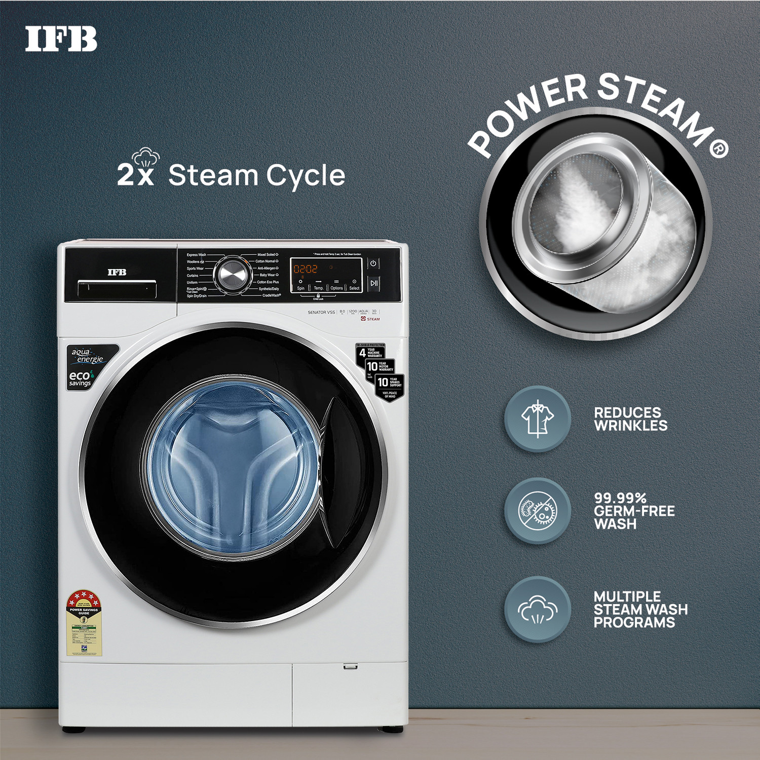 Image of IFB 8 kg with Steam Fully Automatic Front Load Washing Machine with In-built Heater Black, White