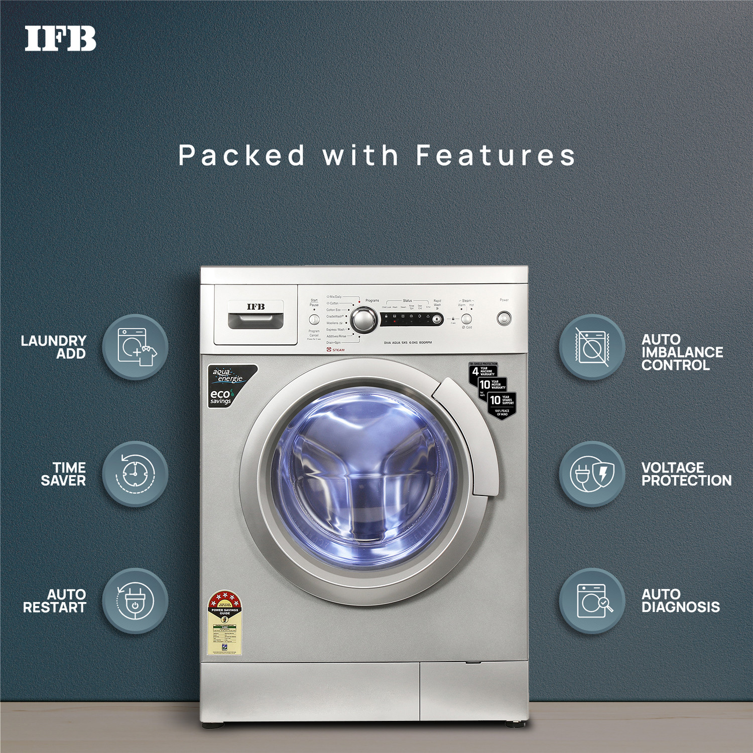 Image of IFB 6 kg Steam Wash, Hard Water Wash, Active Color Protection Fully Automatic Front Load Washing Machine Silver