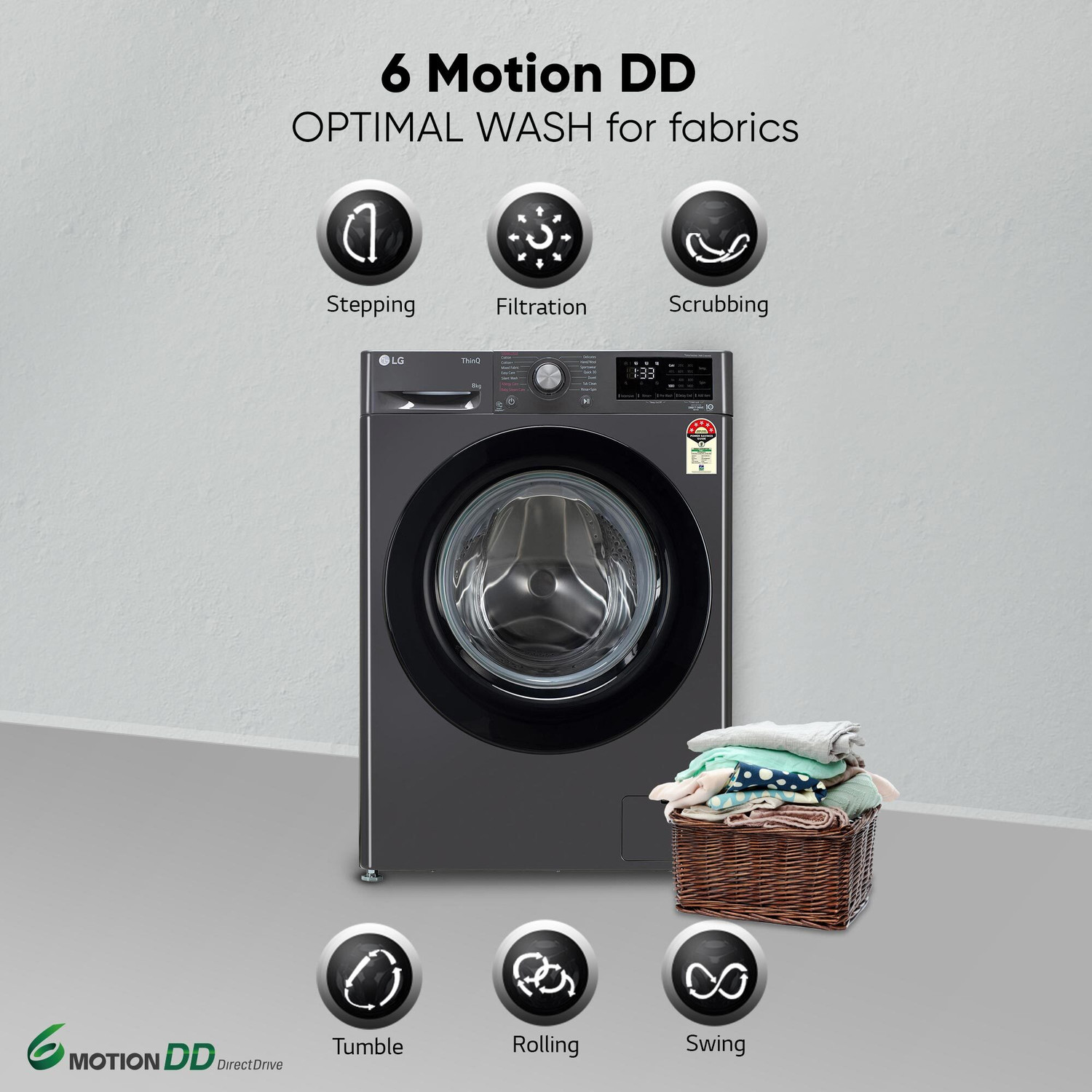 Image of LG 8 kg 5 Star, AI Direct Drive Technology, Steam, 6 Motion DD Fully Automatic Front Load Washing Machine Black (FHP1208Z3M)